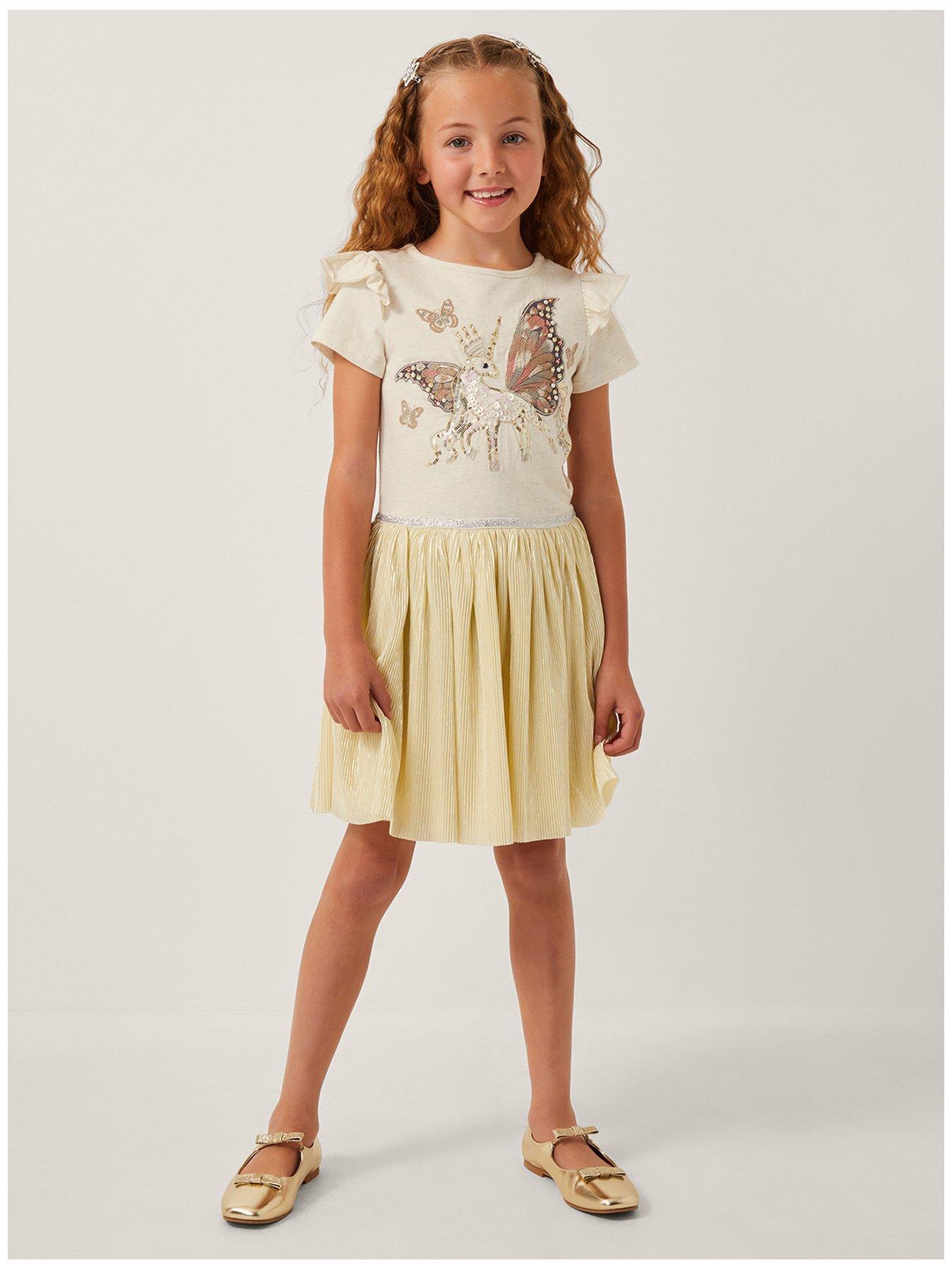 undefined Girls Short Sleeve Unicorn Plisse Disco Dress - Light Cream