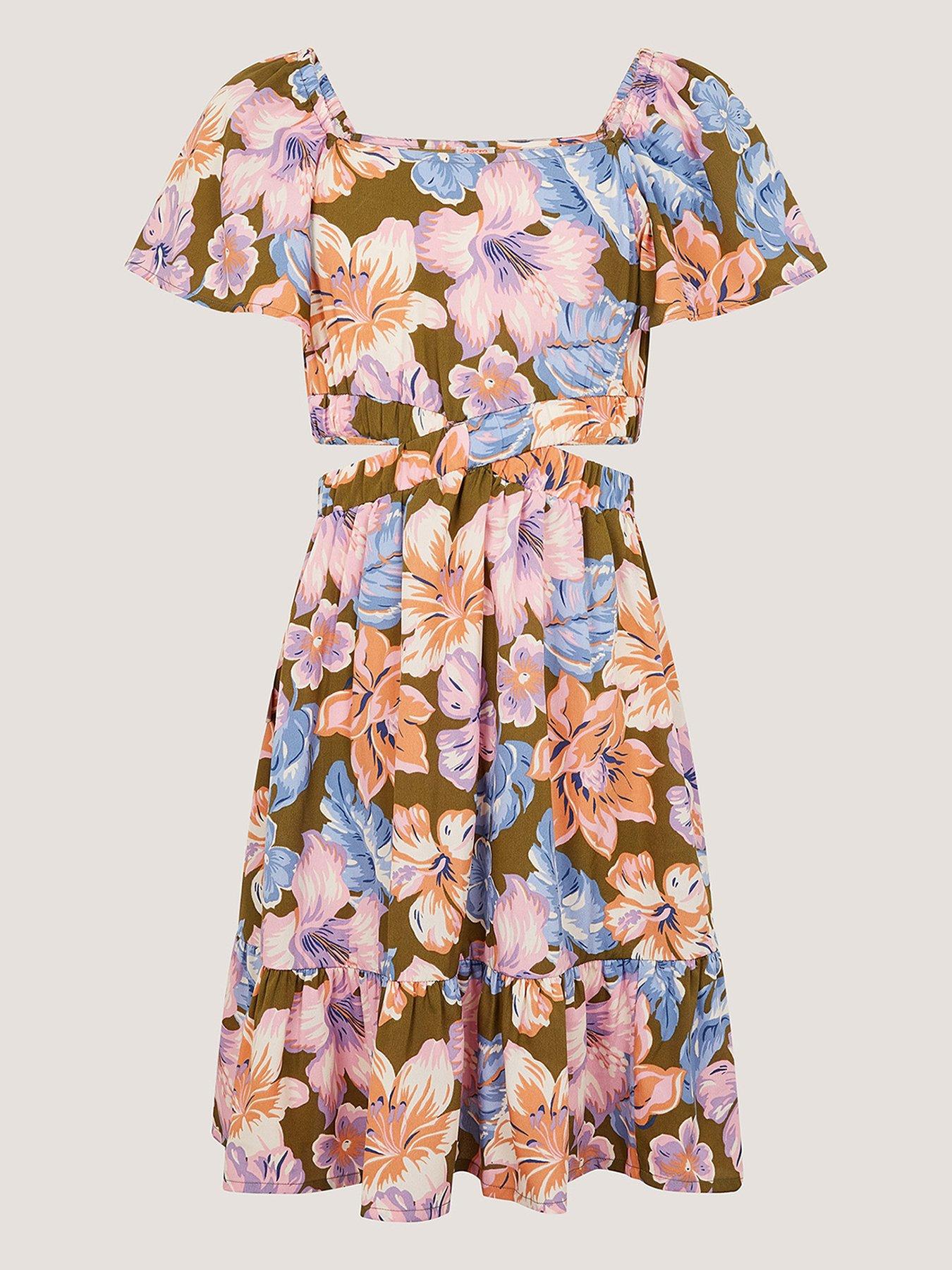 undefined Girls Floral Cut Out Party Dress - Khaki