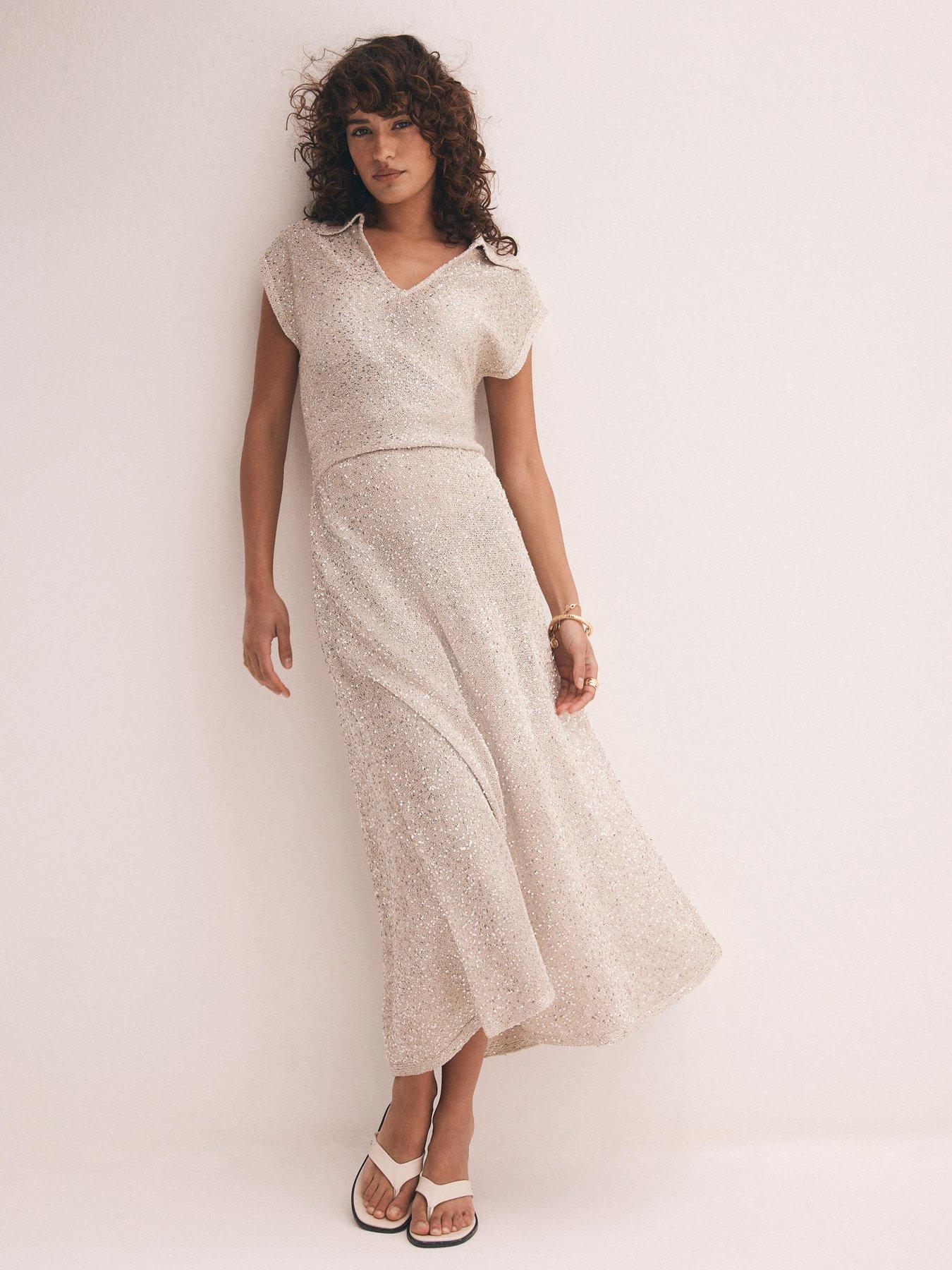 undefined Neutral Sequin Midi Dress - Beige