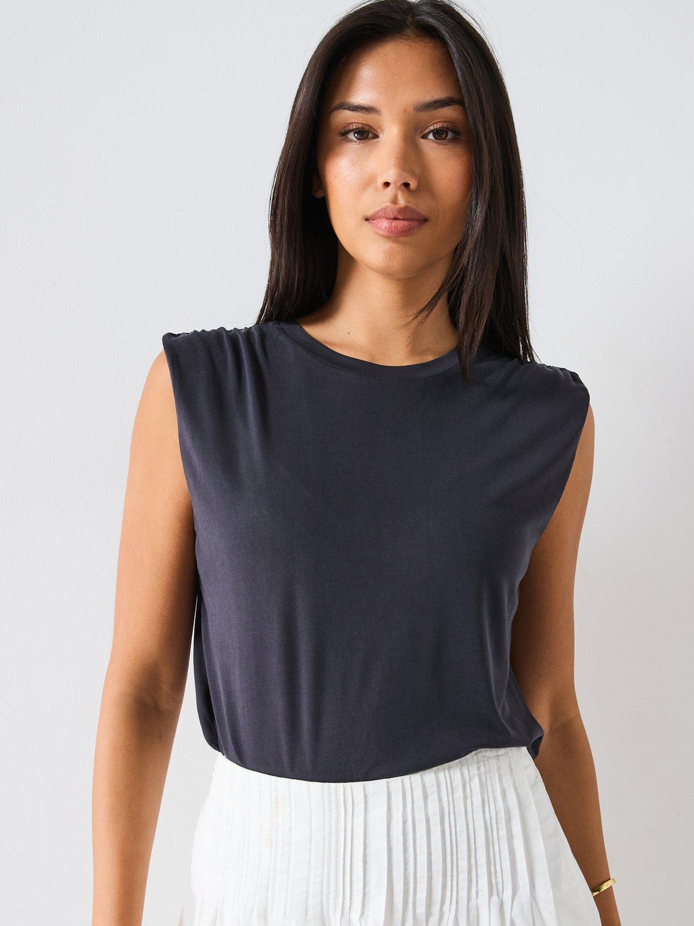 undefined Flowy T Shirt With Gathered Shoulders - Dark Grey