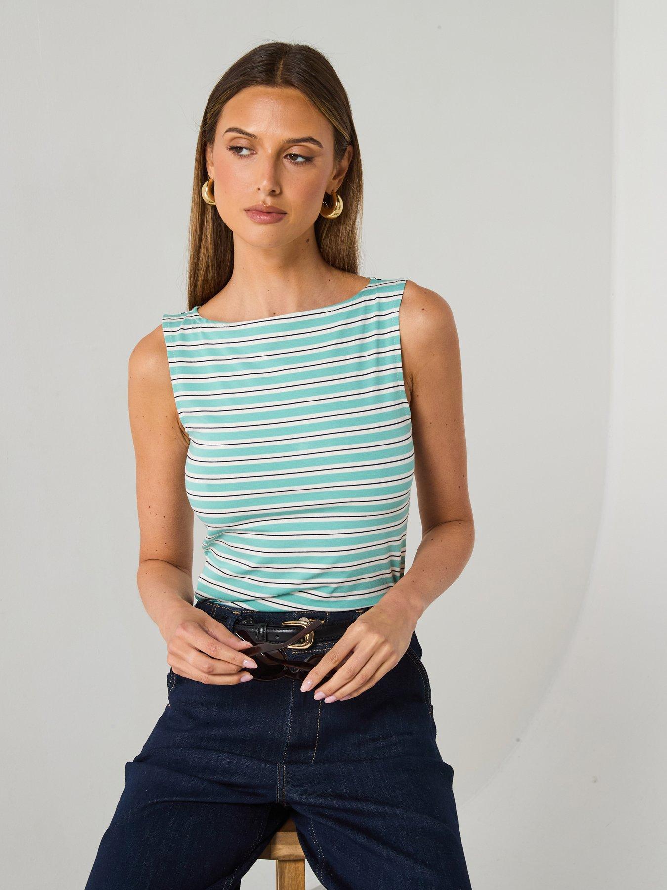 front image of mango-striped-boat-neck-top-green