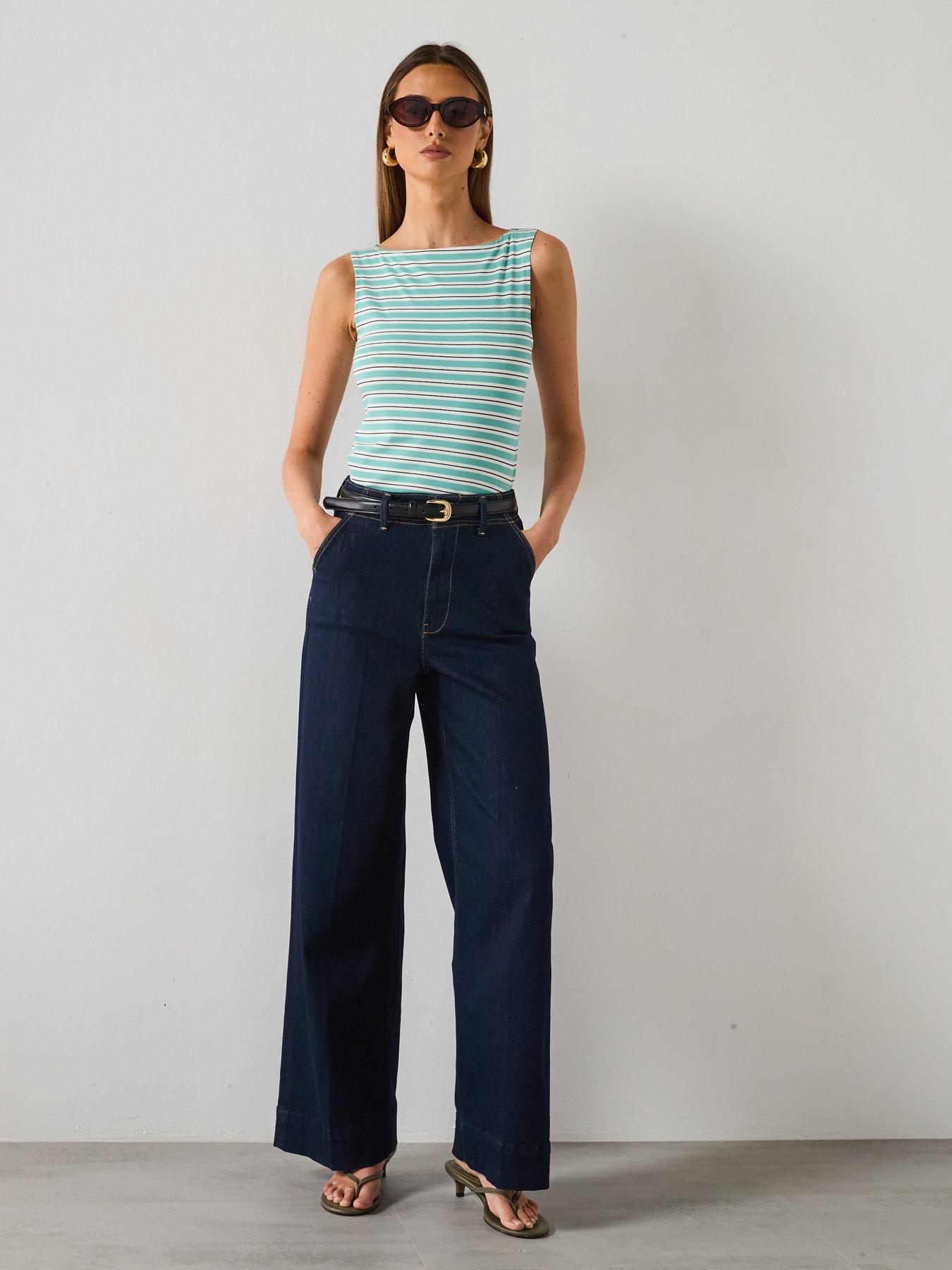  image of mango-striped-boat-neck-top-green