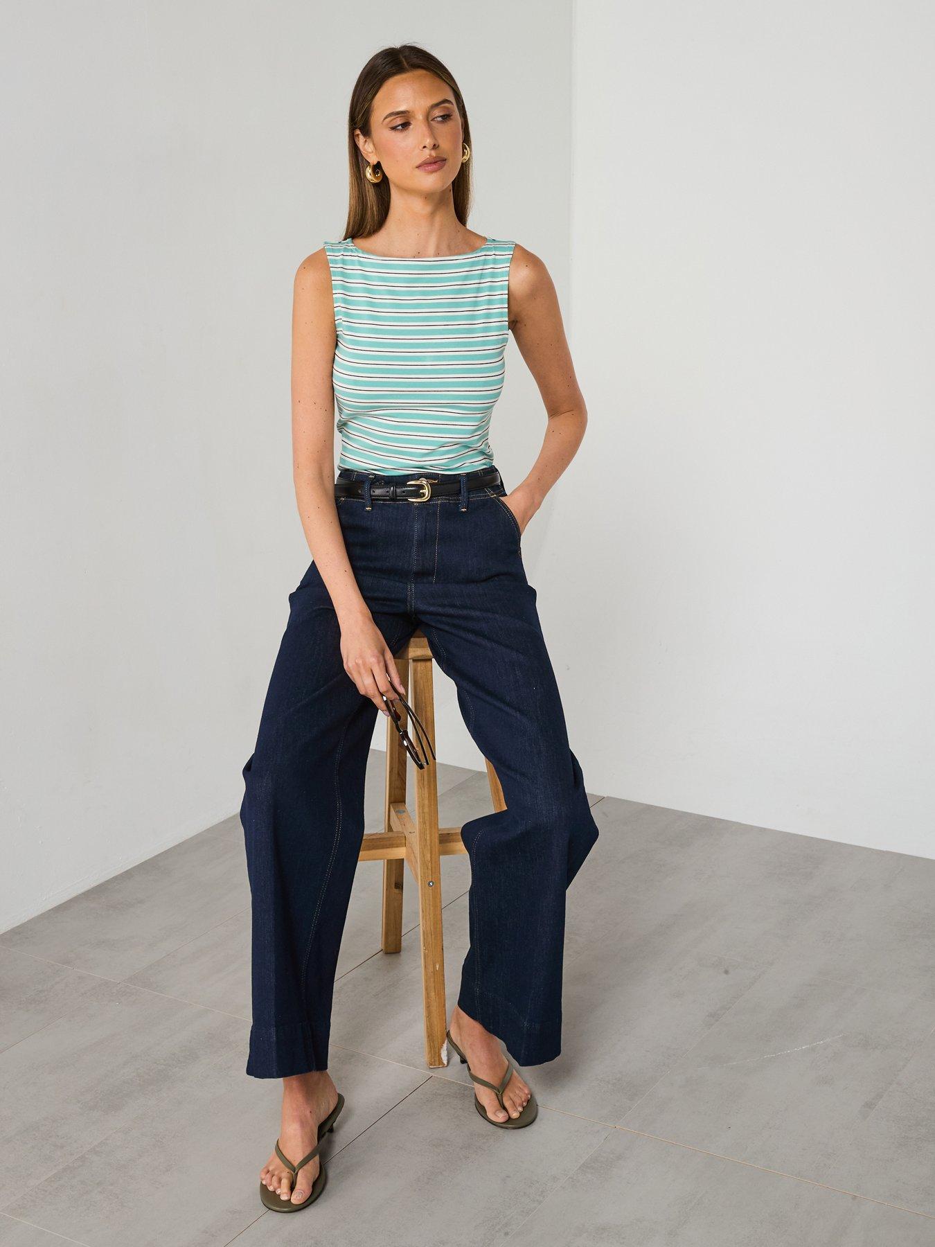 image of mango-striped-boat-neck-top-green