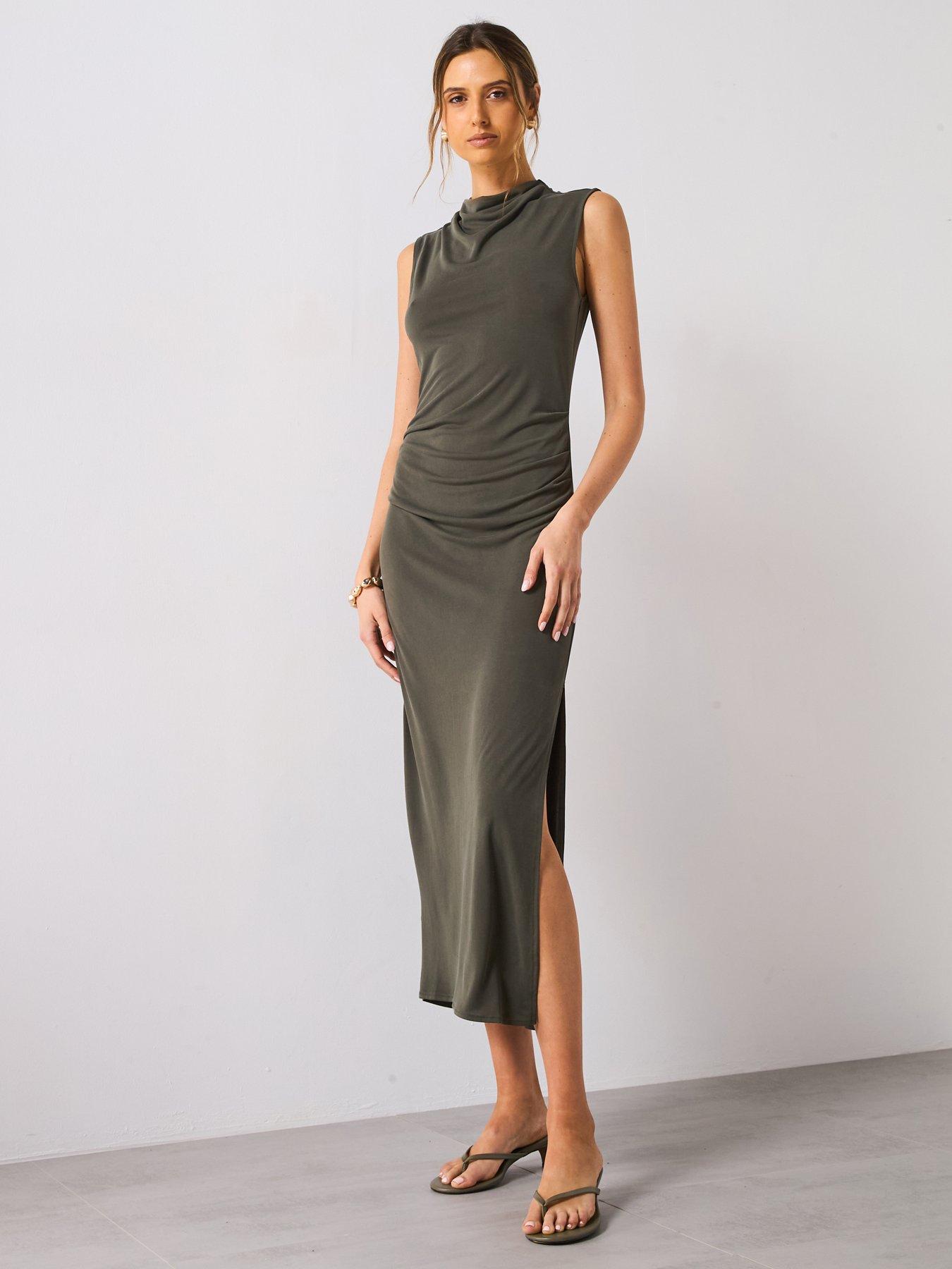 undefined Draped Neck Modal Dress - Green