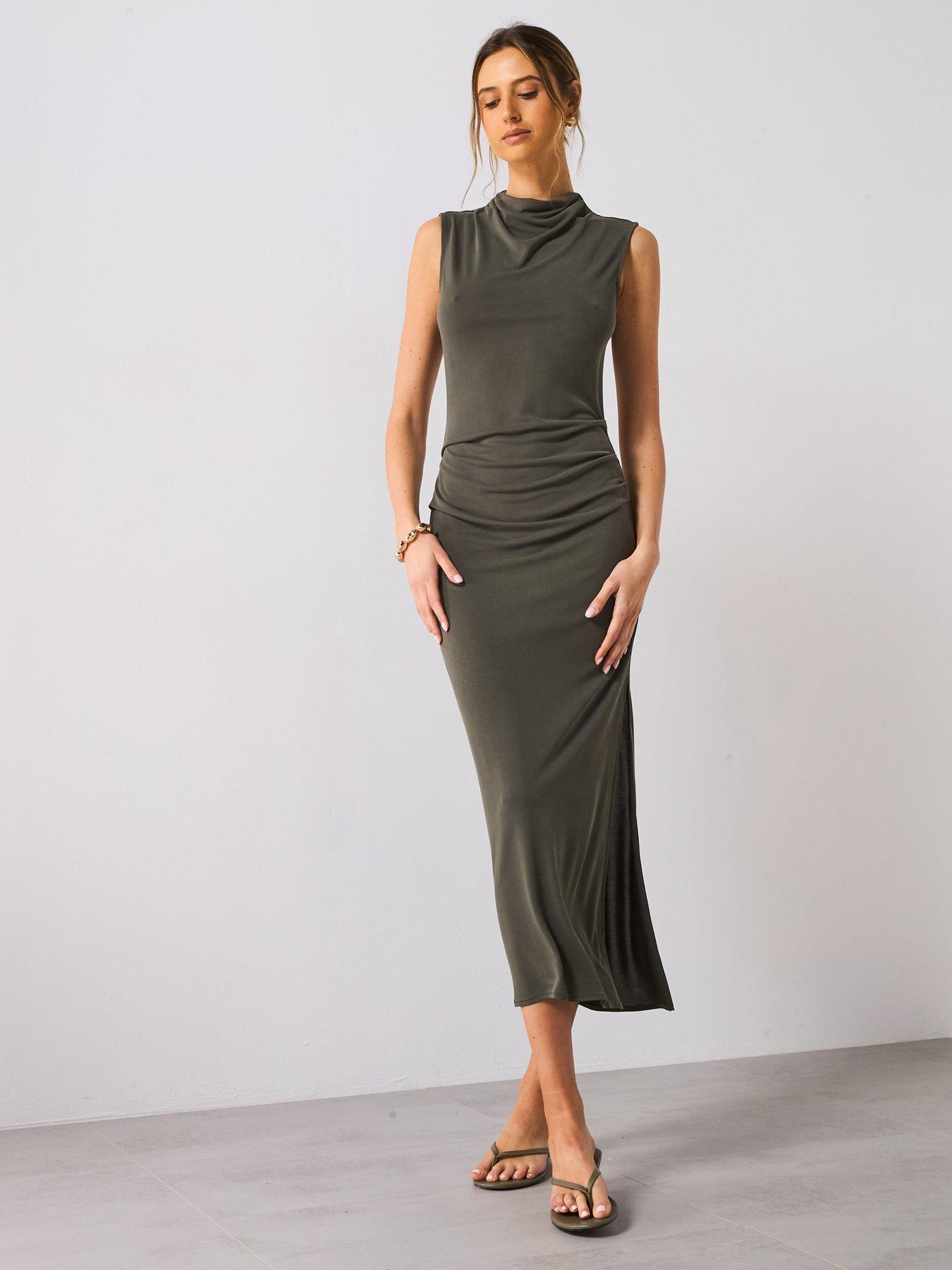 Image 3 of 4 of Mango Draped Neck Modal Dress - Green