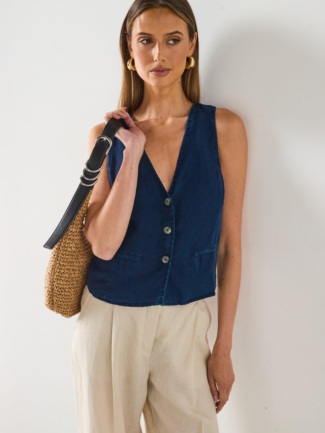 front image of mango-denim-effect-lyocell-waistcoat-blue