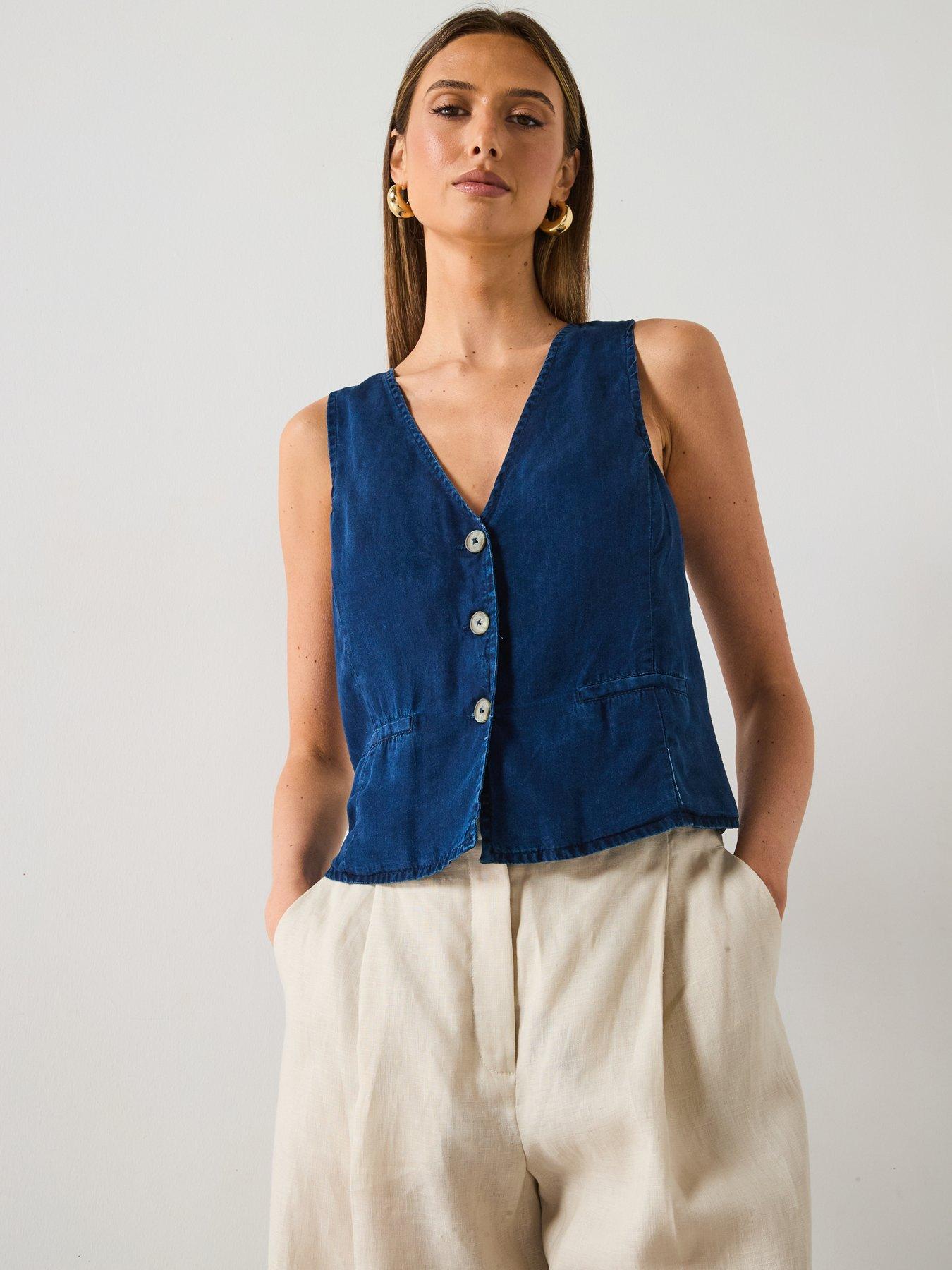  image of mango-denim-effect-lyocell-waistcoat-blue
