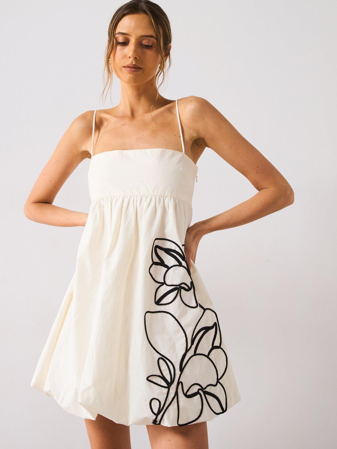 undefined Balloon Effect Embroidered Dress - Cream