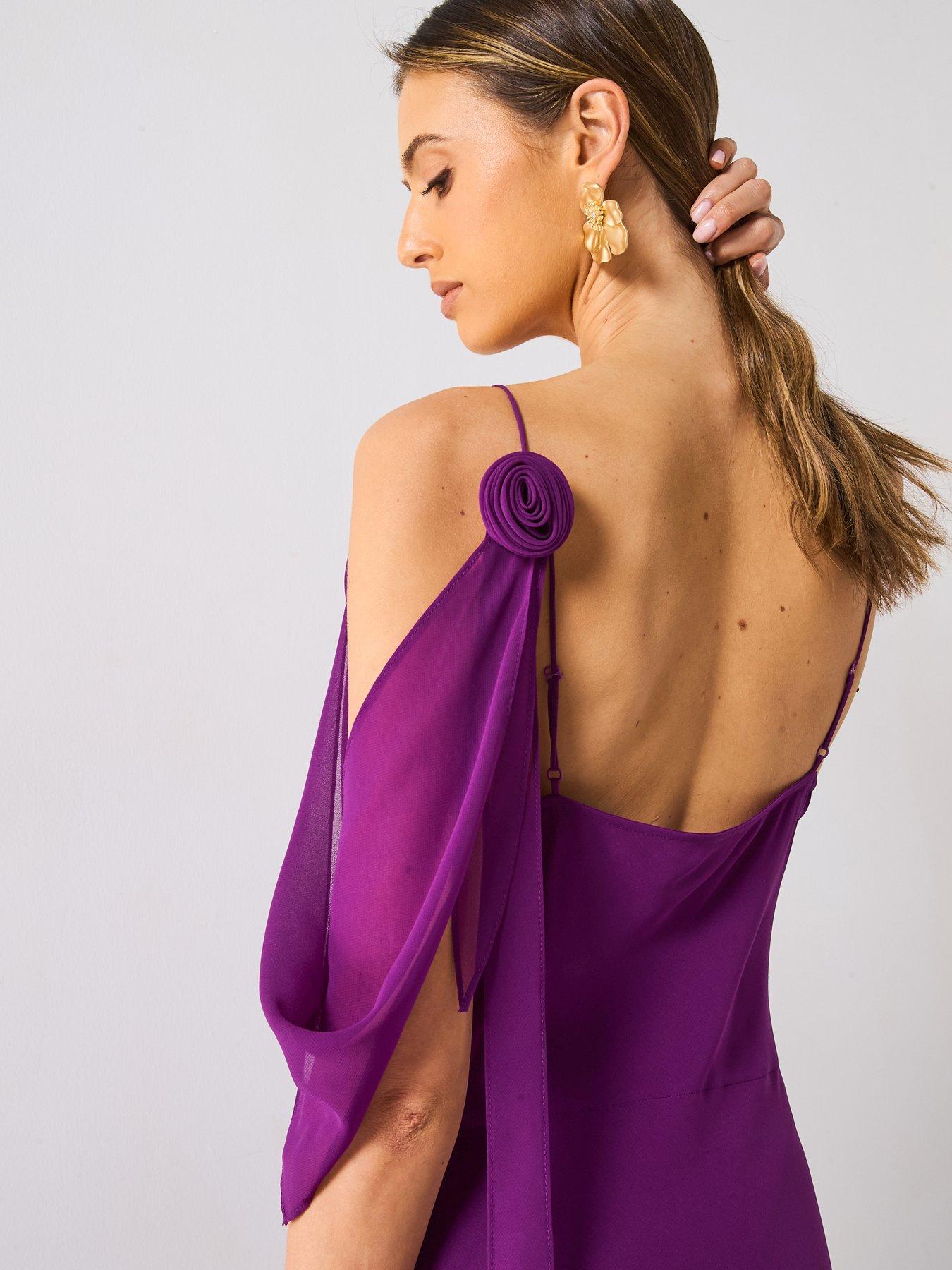 strapless open back dress Leah" Pleated Hammered Satin Off The Shoulder Belted Dress