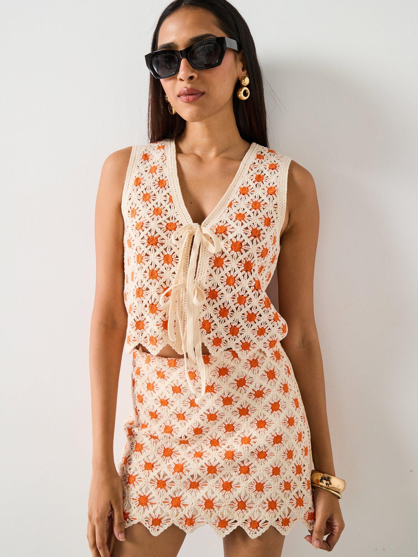 Image 4 of 5 of Mango Crochet Mini Skirt - Orange