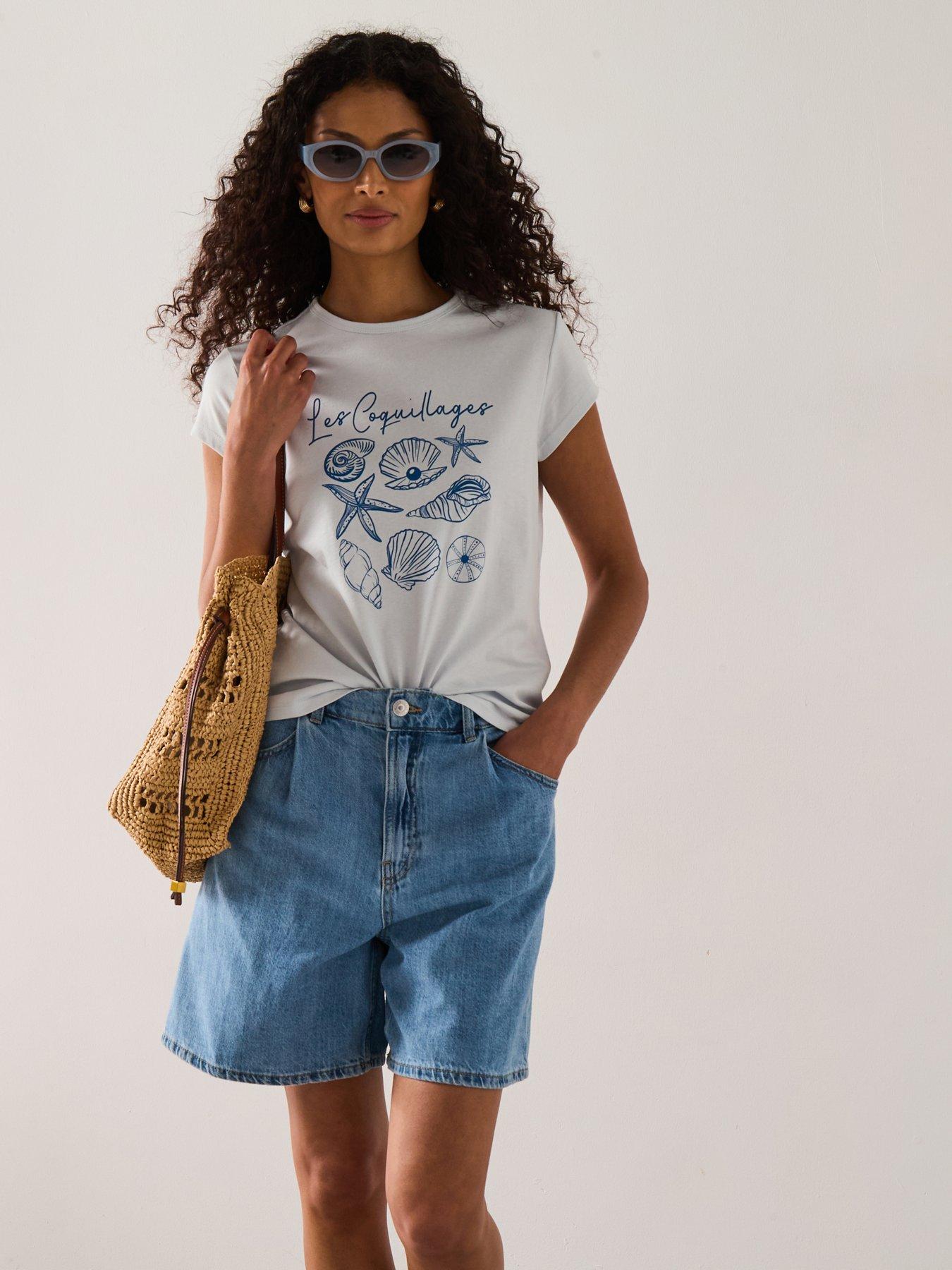Mango Printed Cotton Blend T-Shirt - Blue