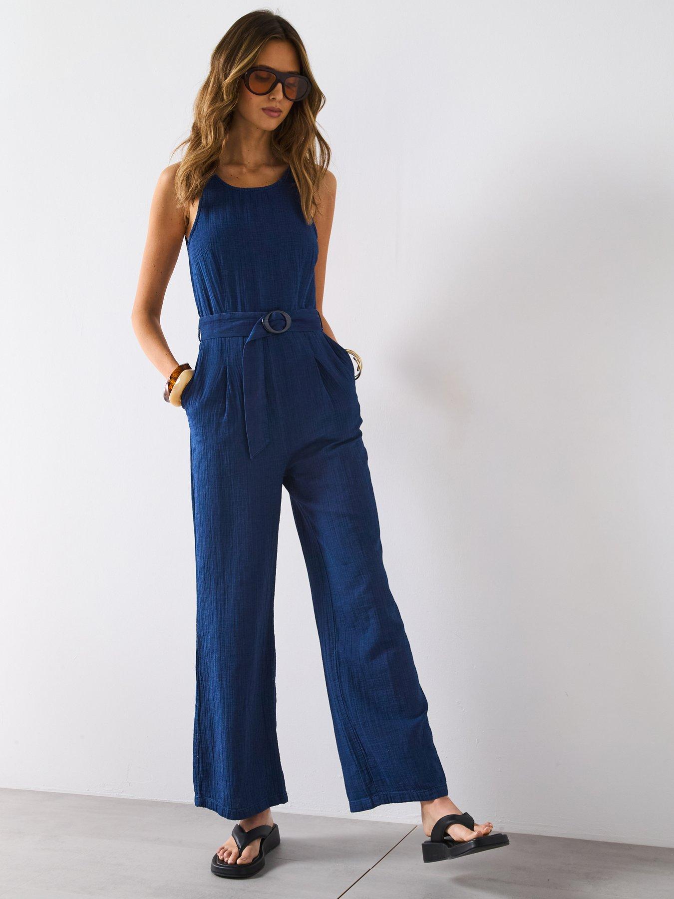Mango Long Soft Denim Jumpsuit With Belt Dark Blue Littlewoods