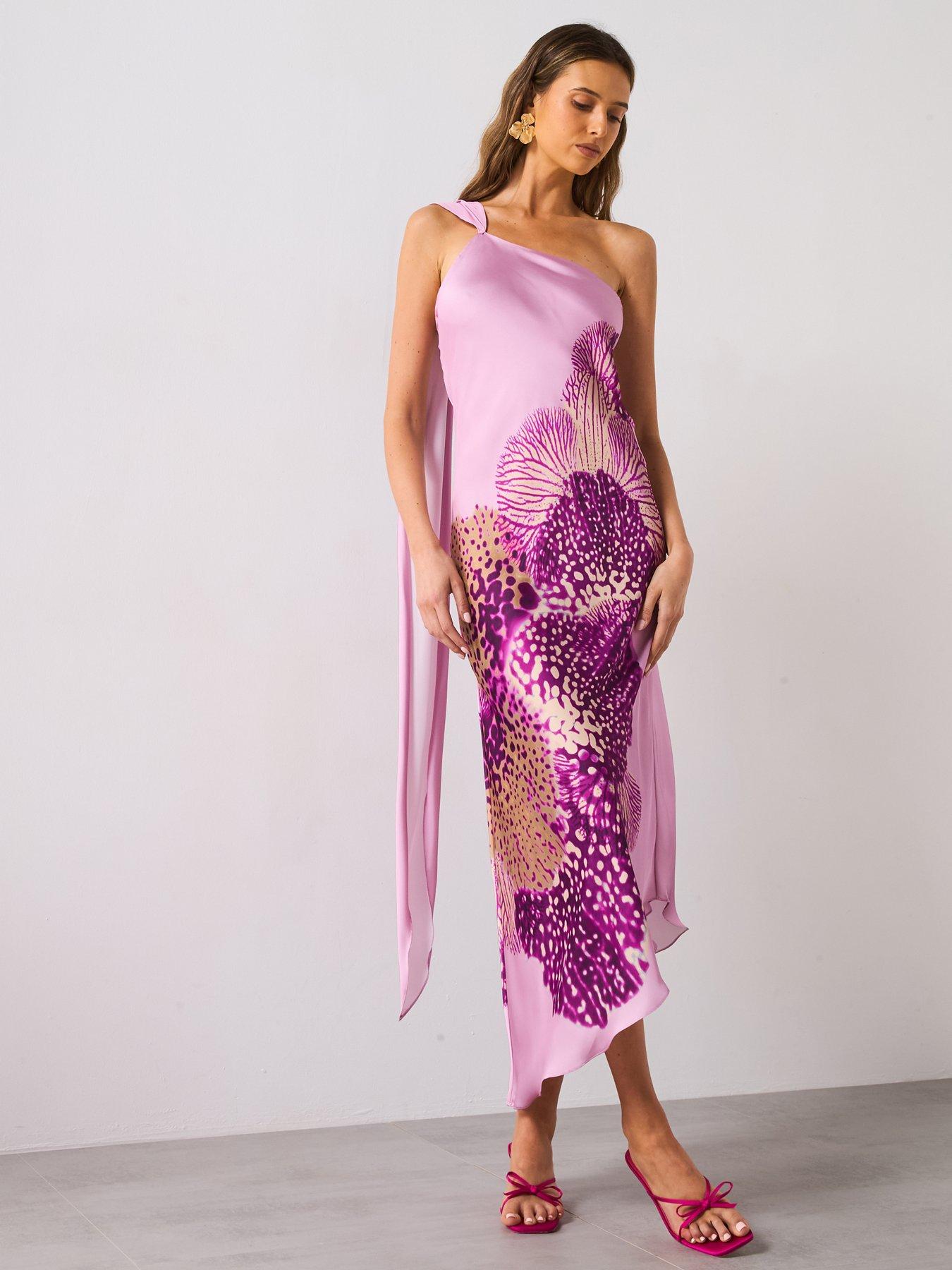 strapless open back dress Dionne Crowe Flourish Pink Satin Scarf Neck Cowl Maxi Dress