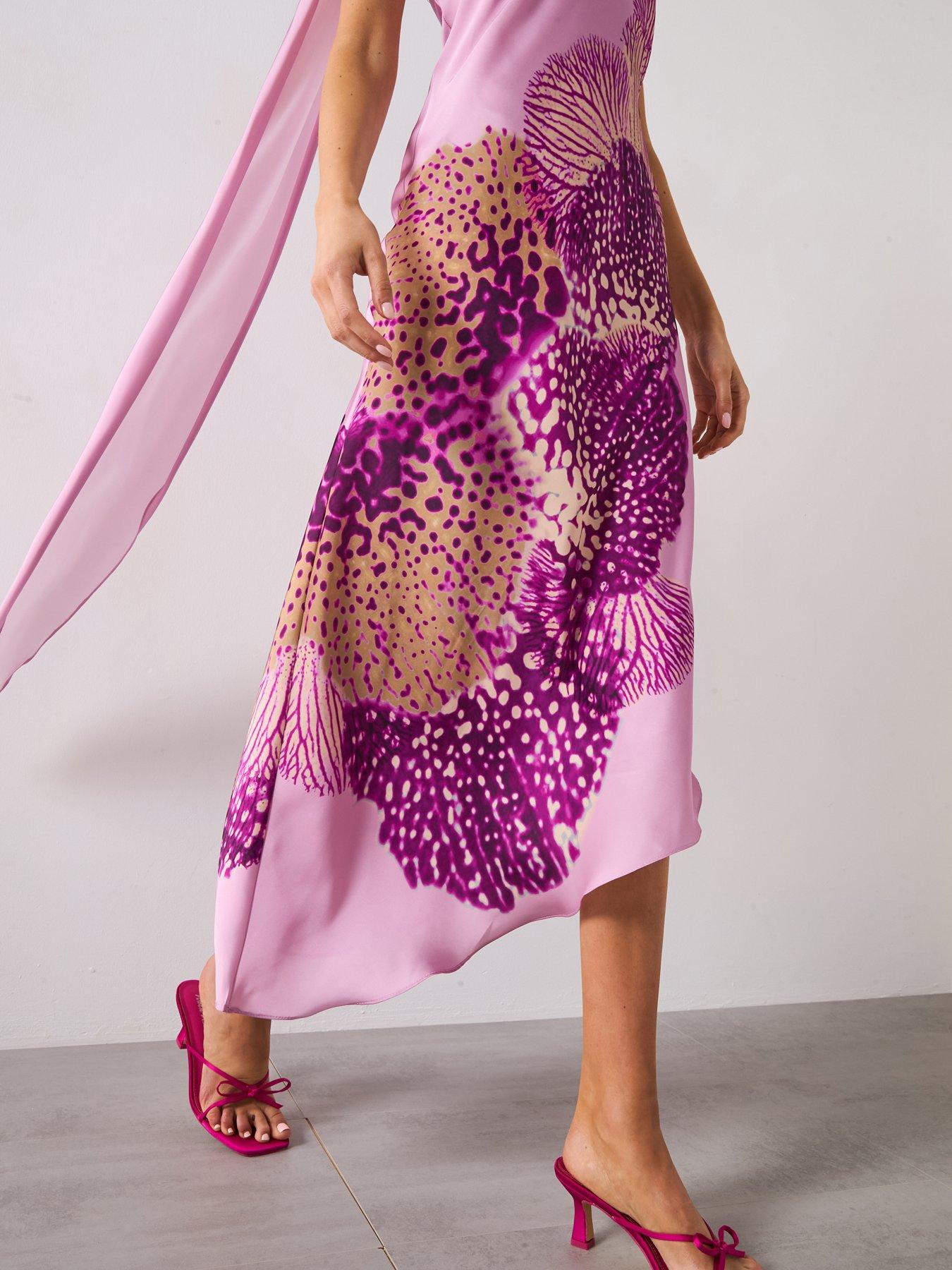 strapless open back dress Pink Multi One Shoulder Peony Floral Chiffon Scarf Gown main image 1
