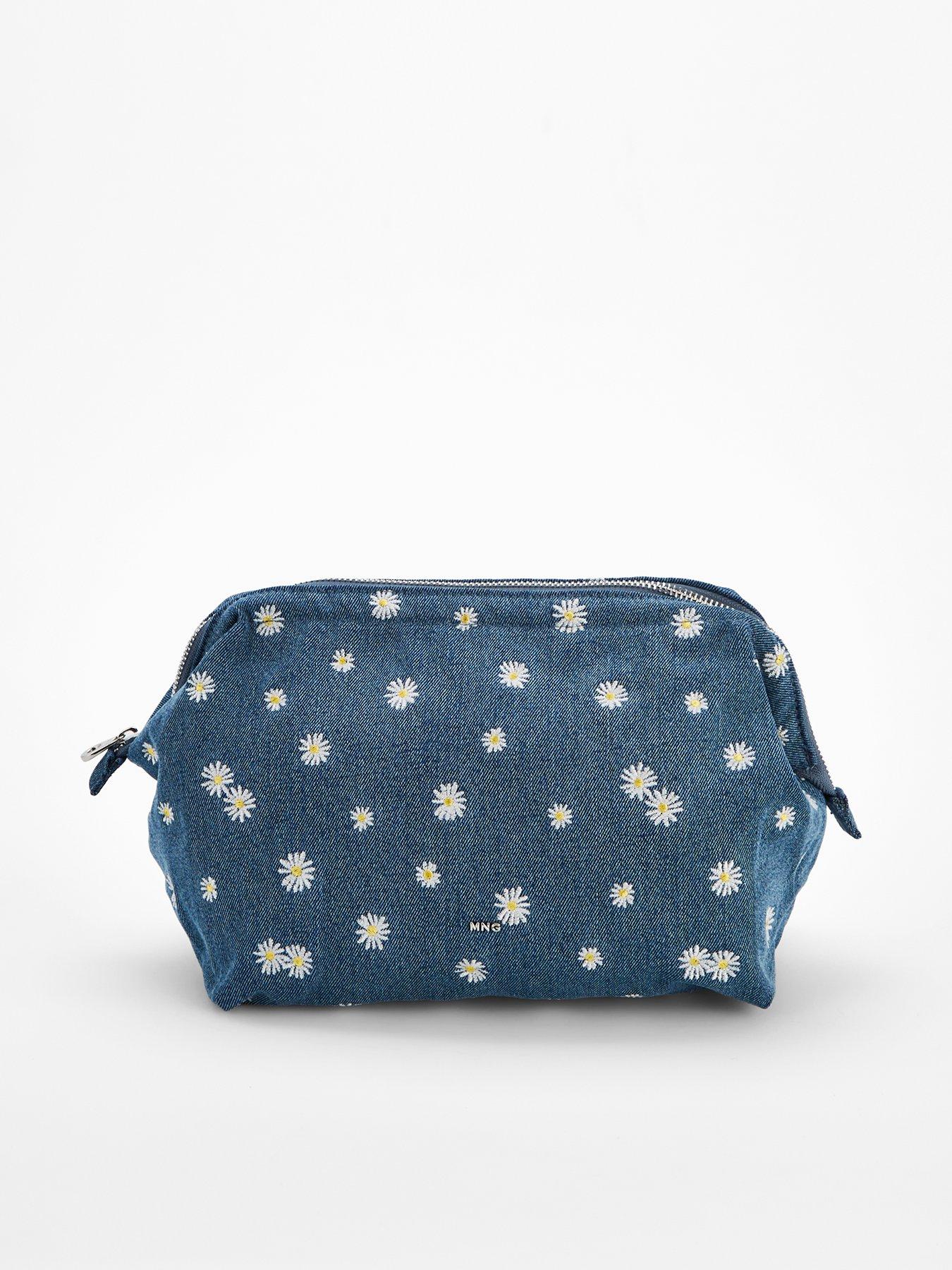 Mango Denim Toiletry Bag Embroidered With Flowers - Blue