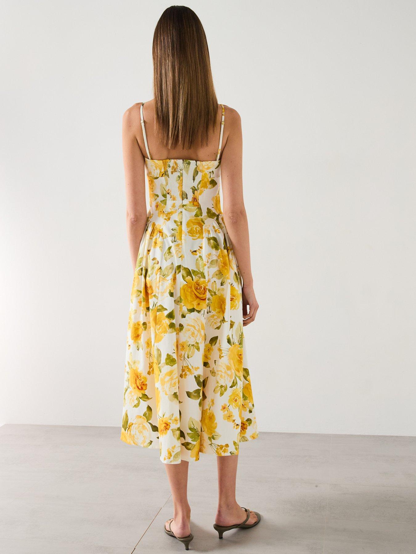 knee length dresses for ladies Yellow Floral V Neck Ruffle Midi Dress With 3/4 Sleeves main image 0