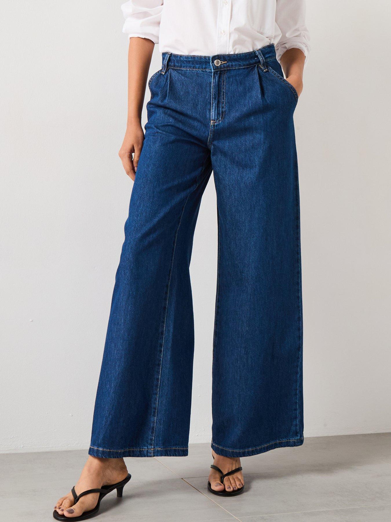 undefined Wide Leg Pleated Jeans - Dark Blue