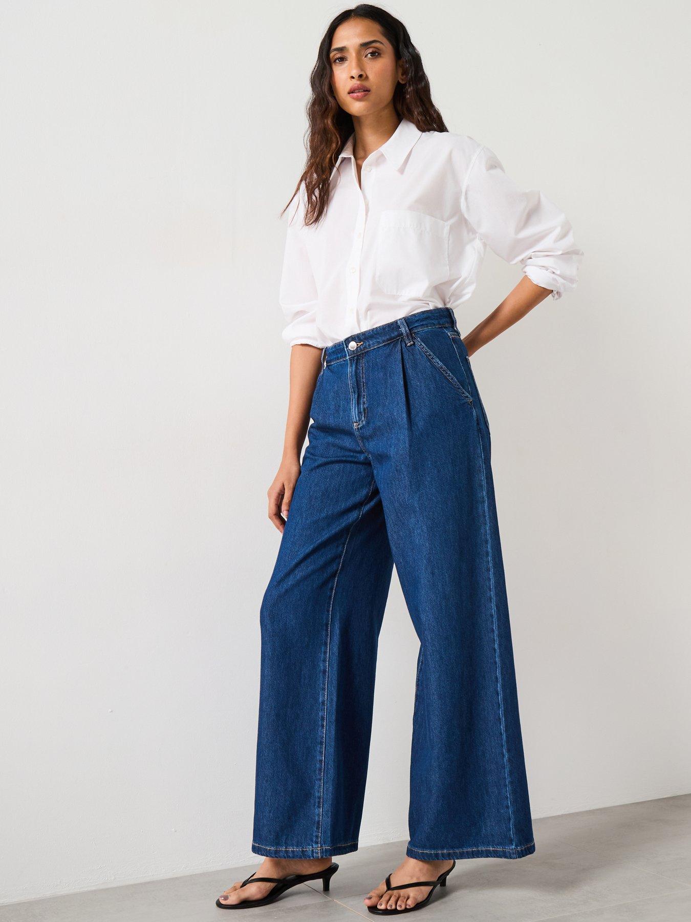 Image 3 of 6 of Mango Wide Leg Pleated Jeans - Dark Blue