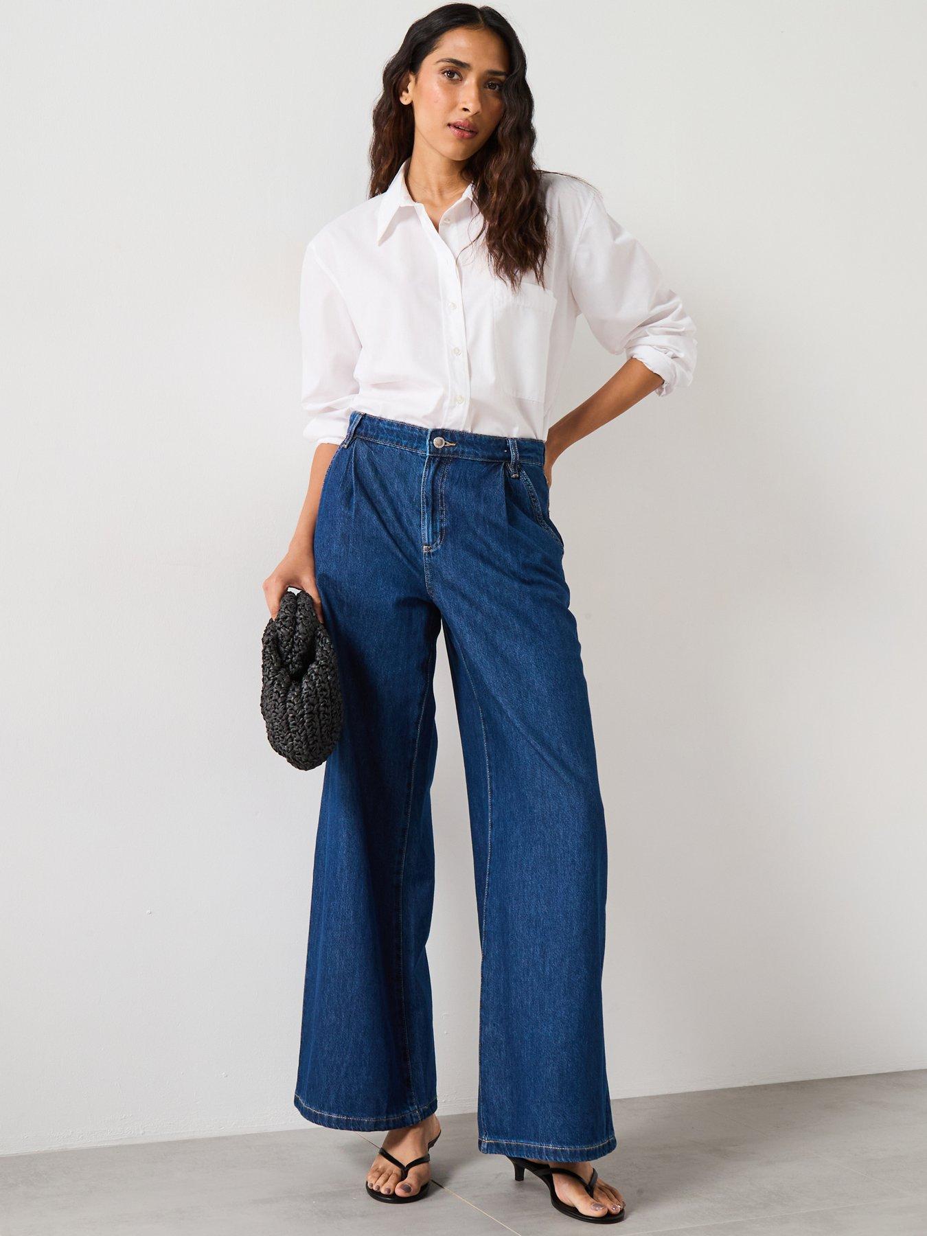 Image 4 of 6 of Mango Wide Leg Pleated Jeans - Dark Blue