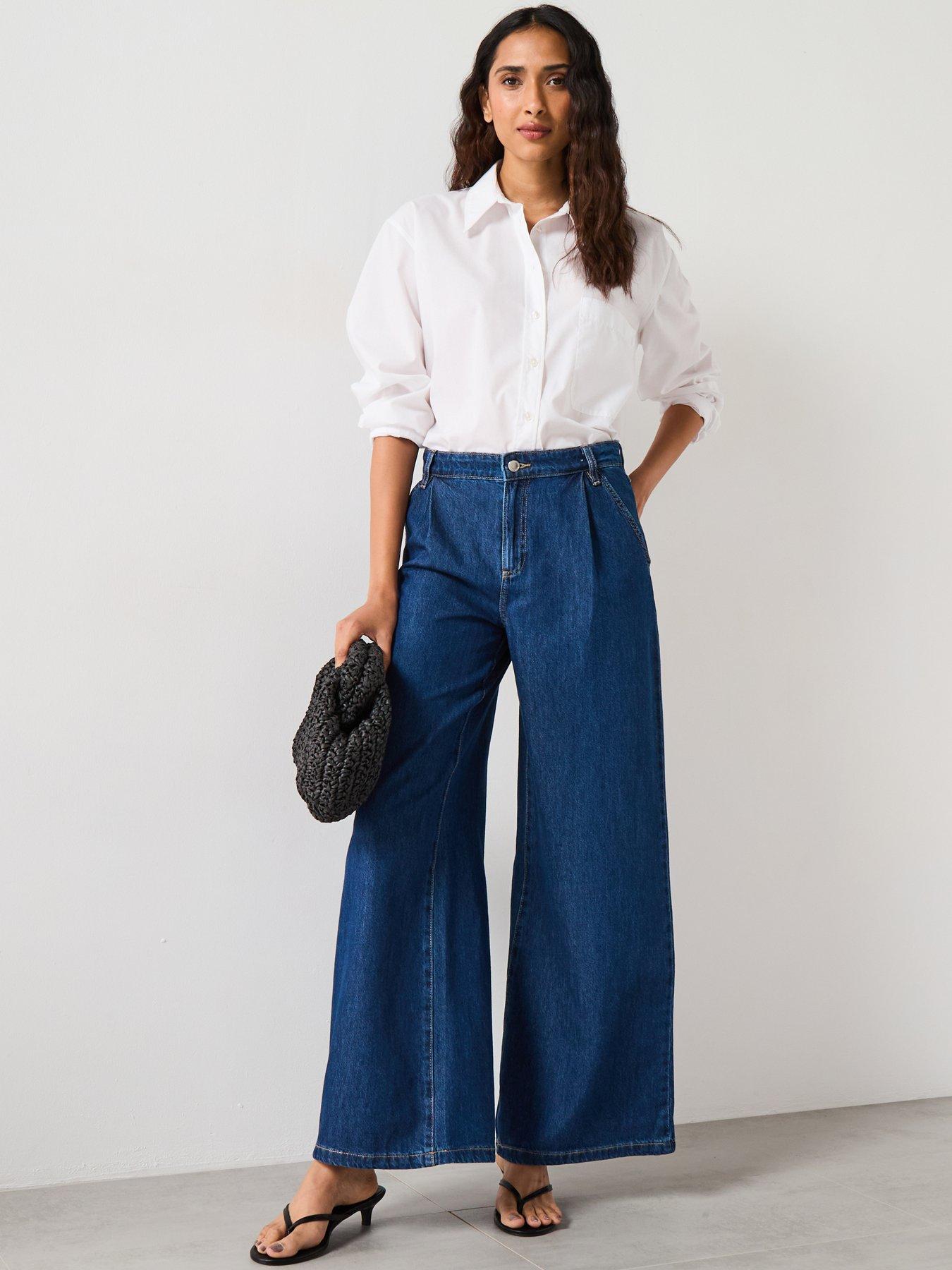 Image 5 of 6 of Mango Wide Leg Pleated Jeans - Dark Blue