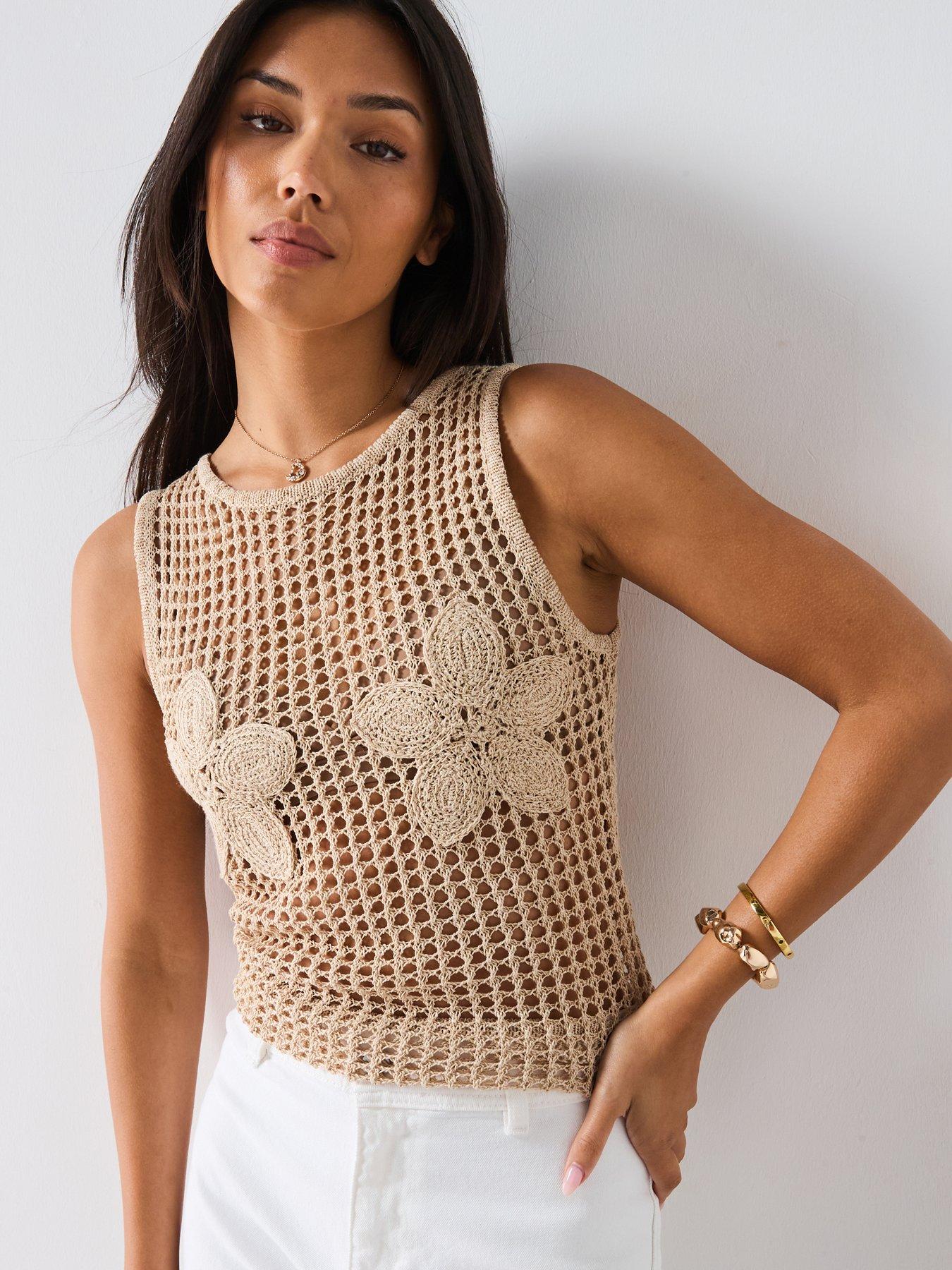 undefined Flower Embroidered Crochet Top - Beige