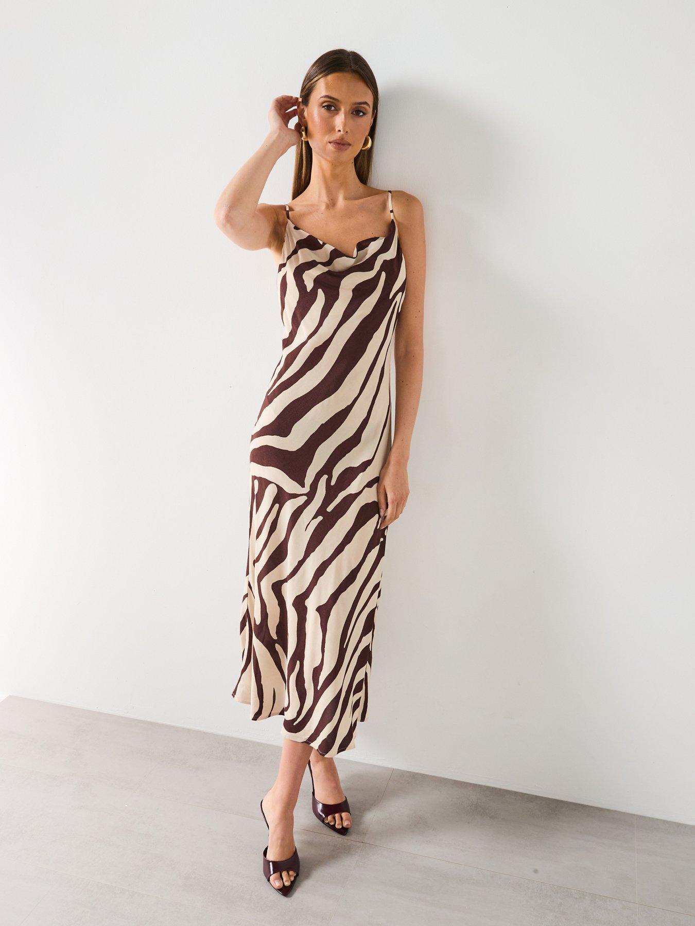 undefined Animal Print Draped Neckline Dress - Brown
