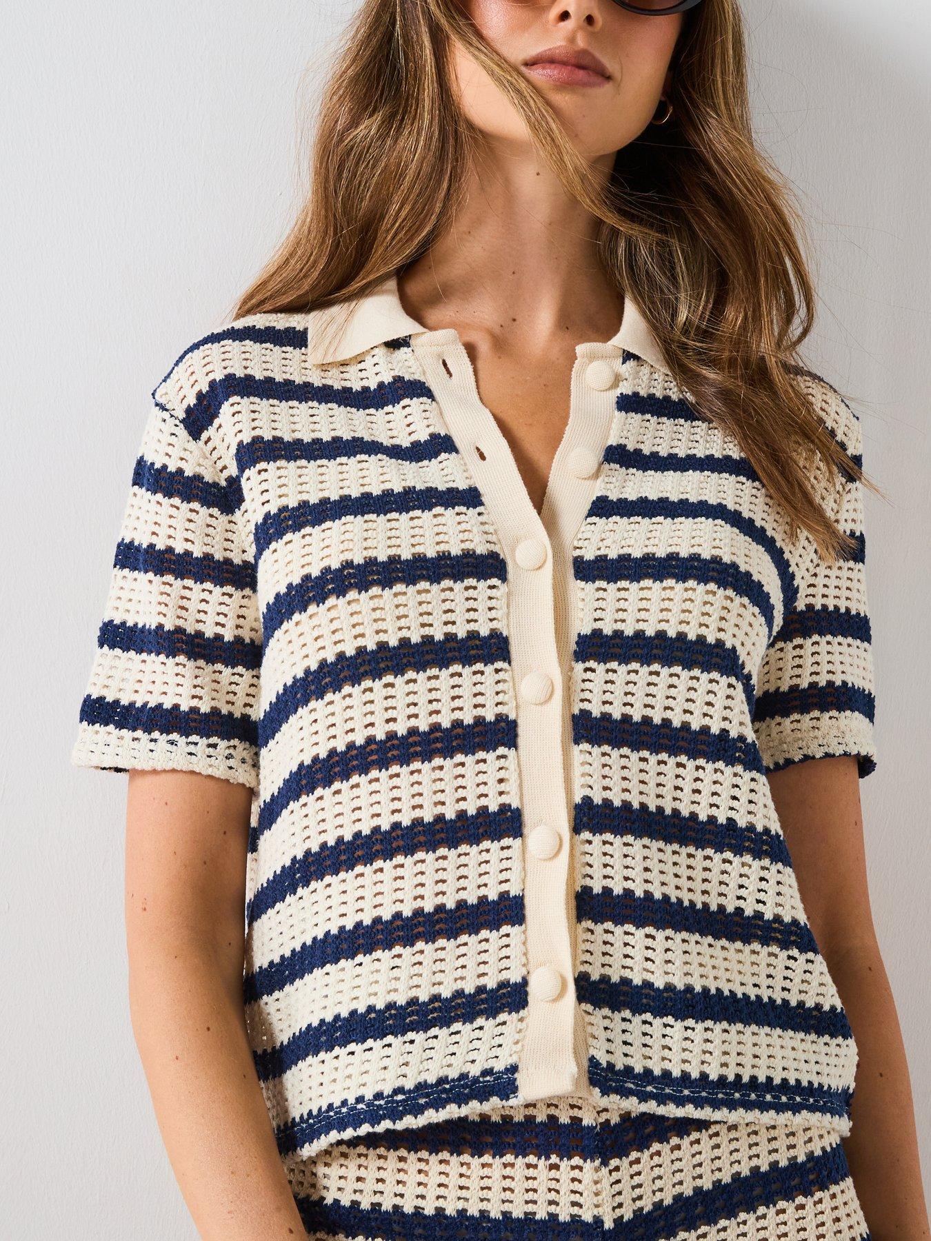 Image 4 of 5 of Mango Short Sleeve Striped Cardigan - Navy
