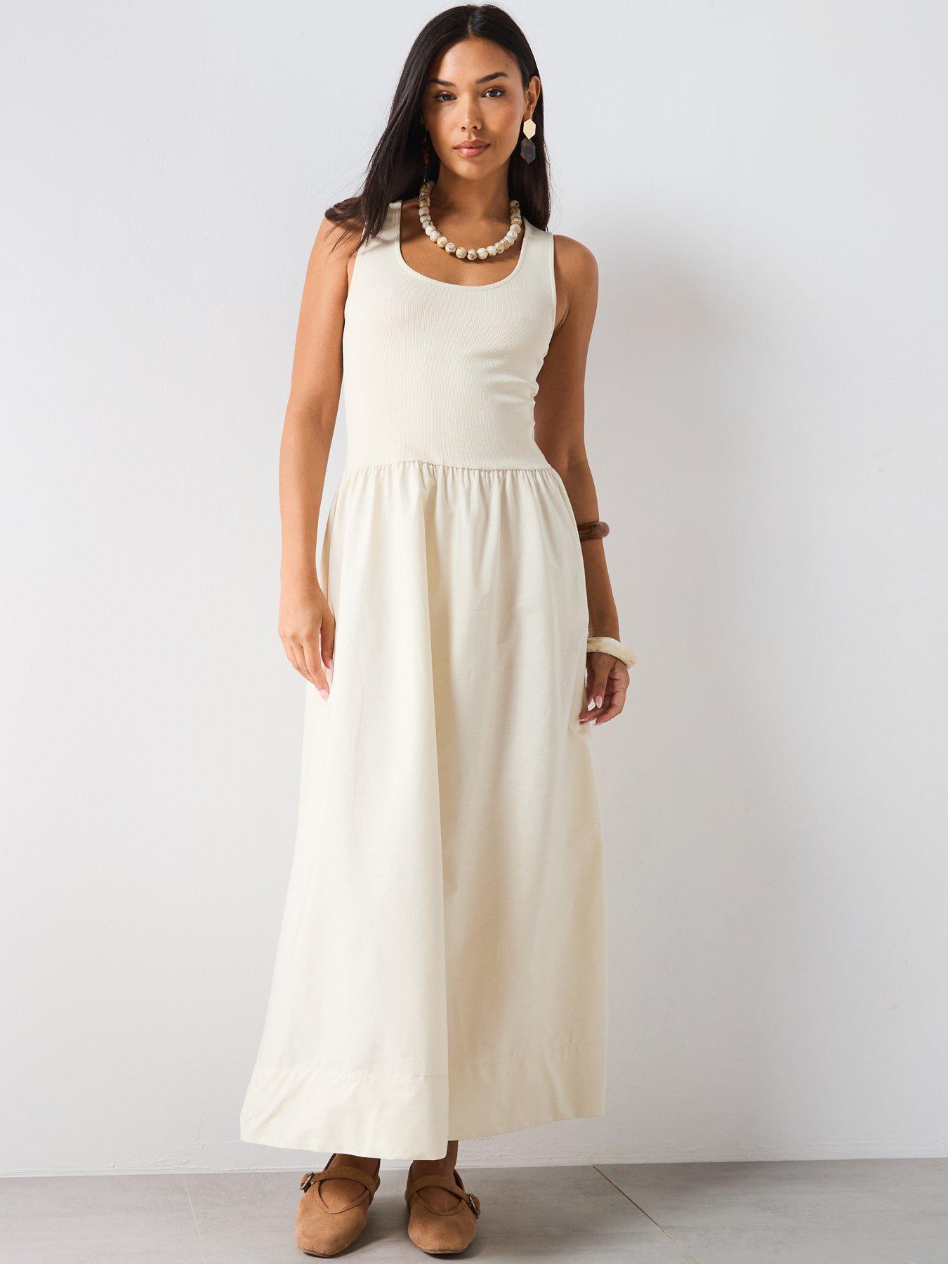 Mango Flared Dress In Combined Fabric - Cream | Littlewoods