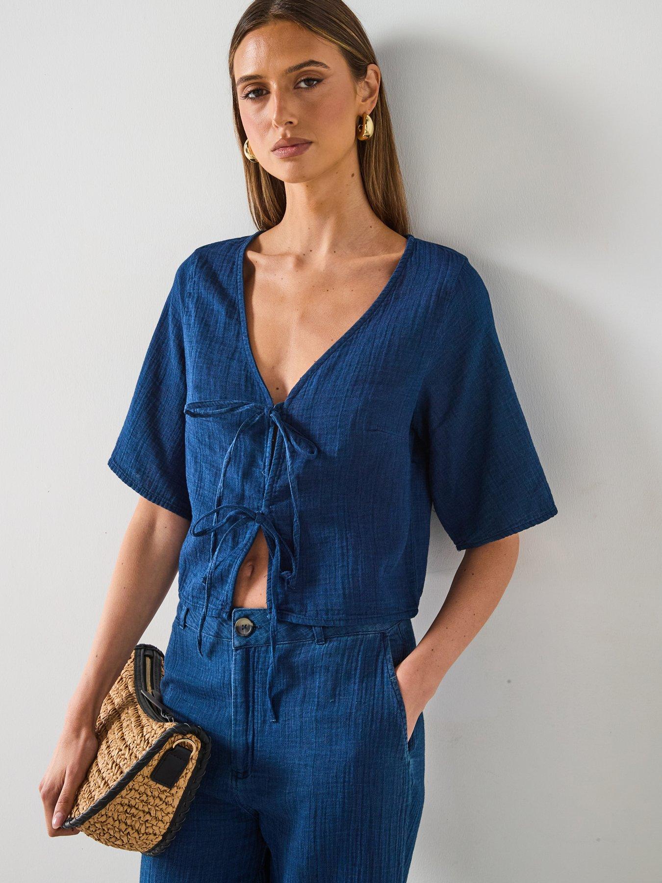  image of mango-soft-denim-top-with-tie-closure-dark-blue