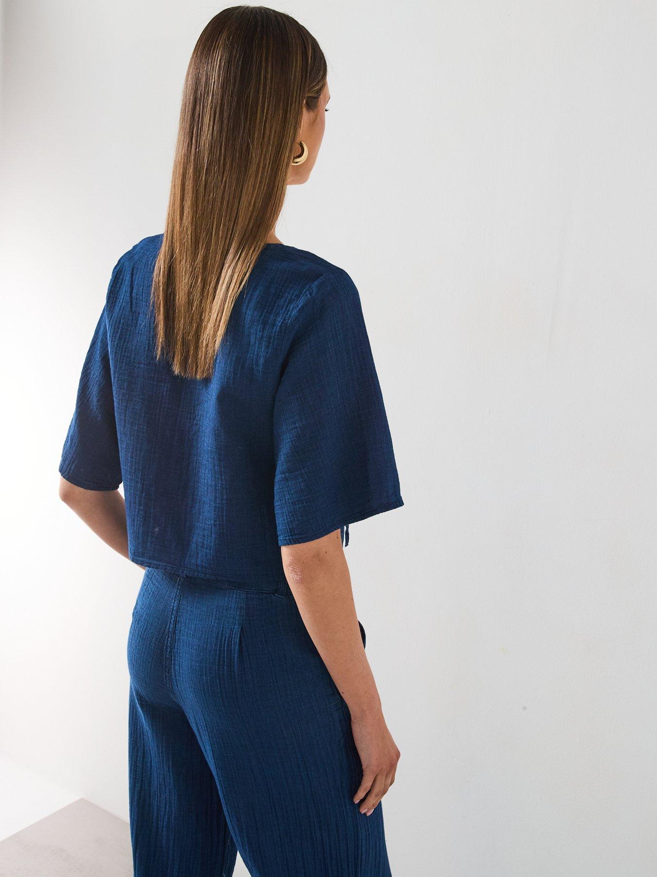 stillFront image of mango-soft-denim-top-with-tie-closure-dark-blue