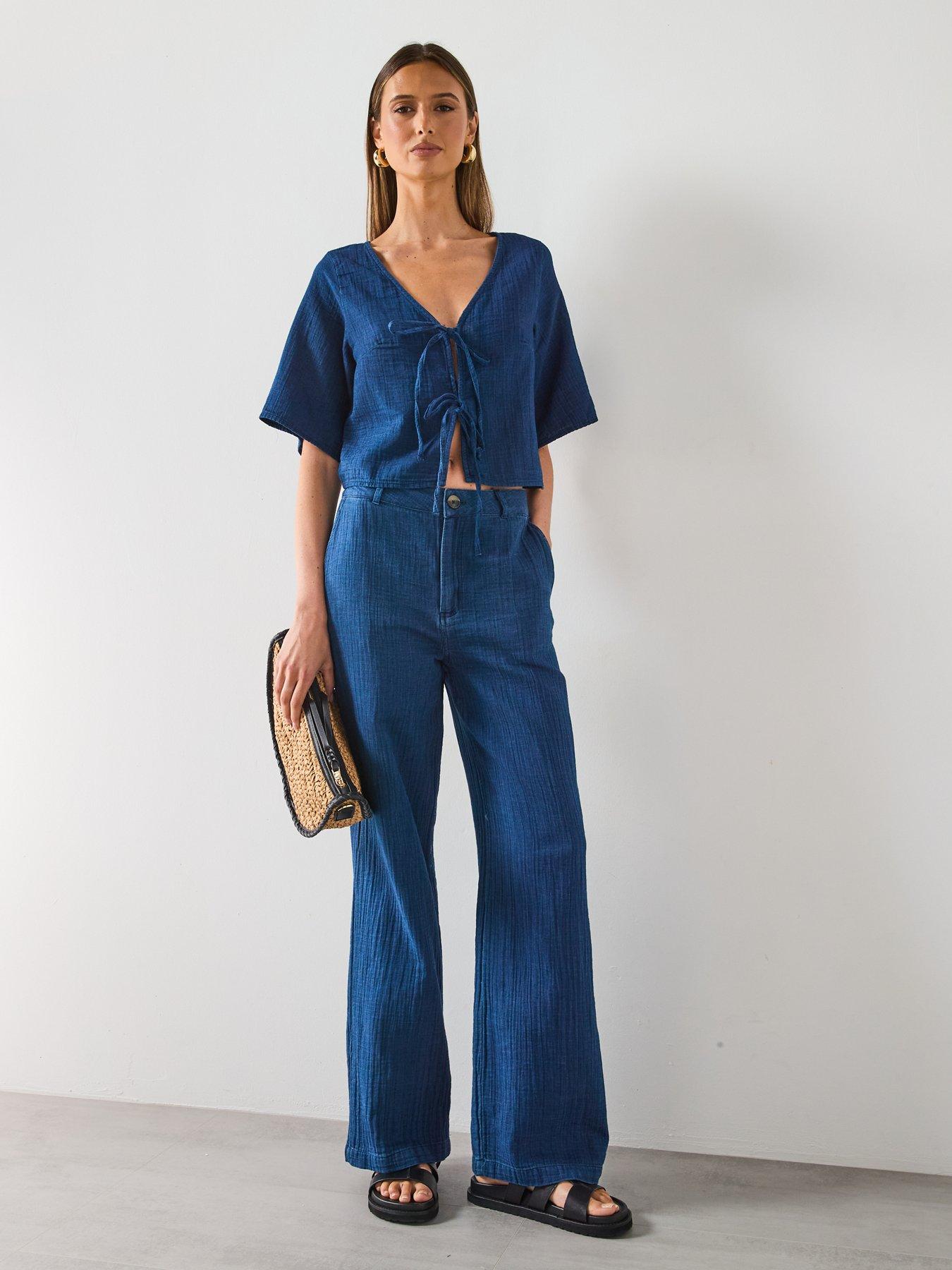  image of mango-soft-denim-top-with-tie-closure-dark-blue