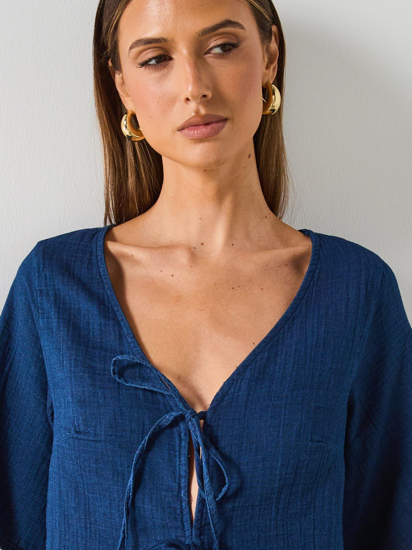 image of mango-soft-denim-top-with-tie-closure-dark-blue