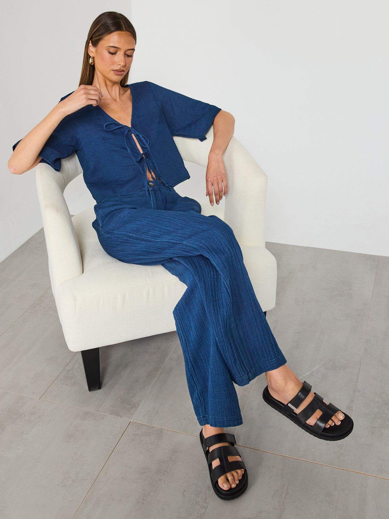  image of mango-soft-denim-top-with-tie-closure-dark-blue