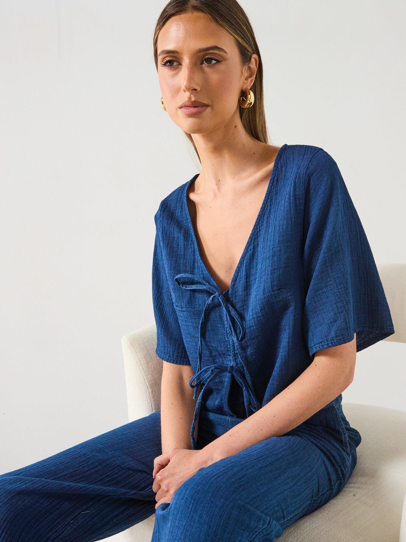  image of mango-soft-denim-top-with-tie-closure-dark-blue