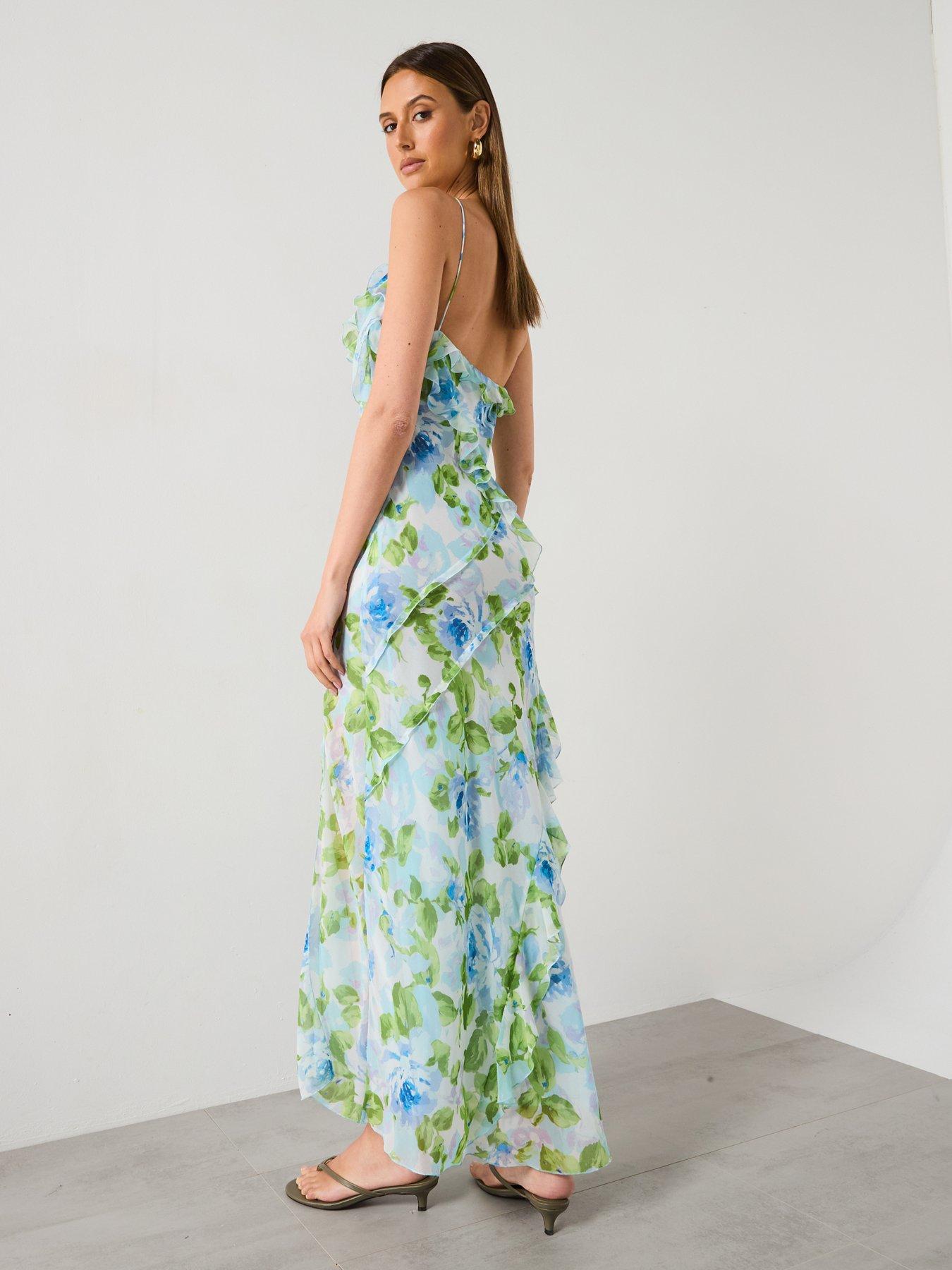 Mango Ruffled Floral Print Dress - Sky Blue | Littlewoods