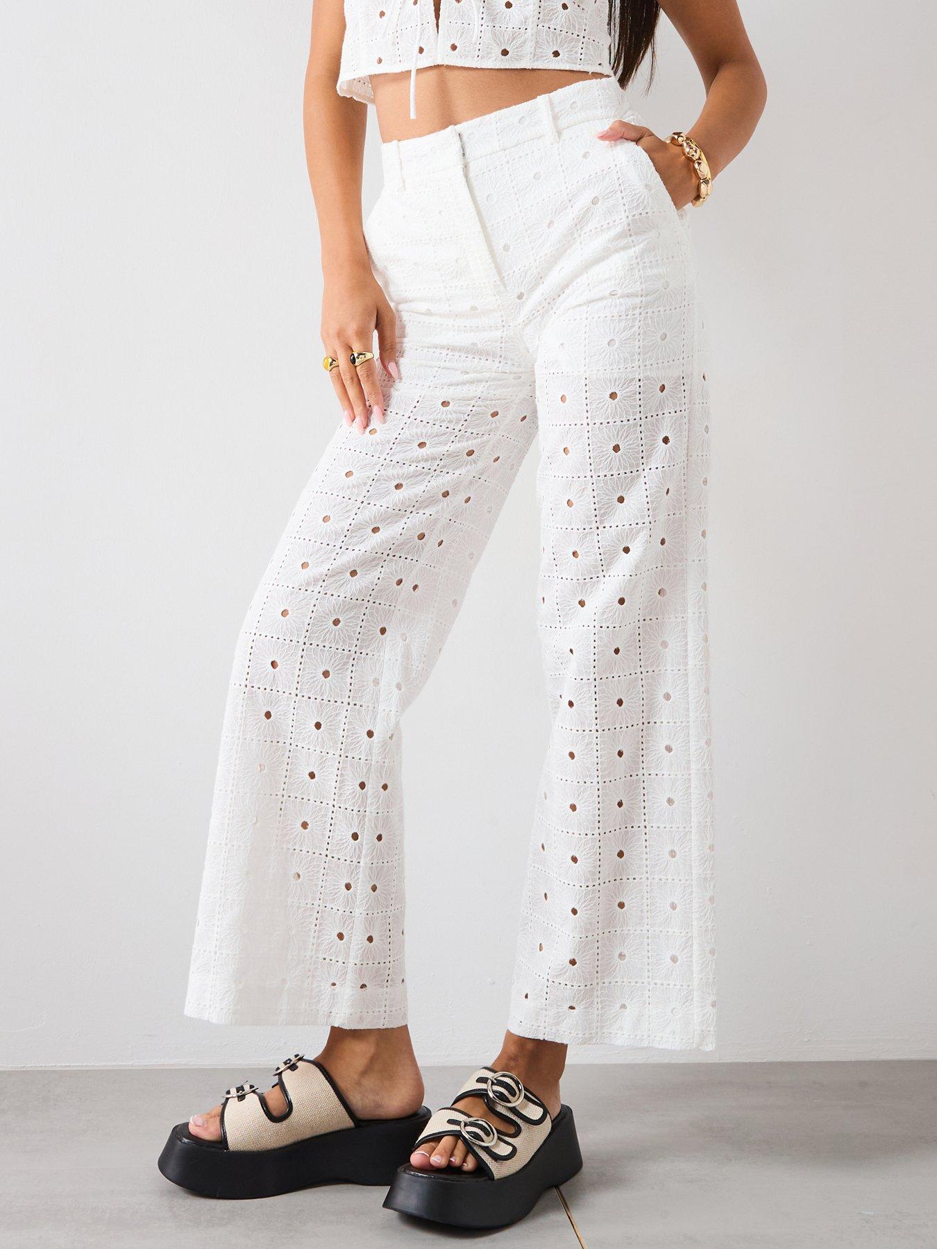 Mango Straight Fit Embroidered Cotton Trousers - White