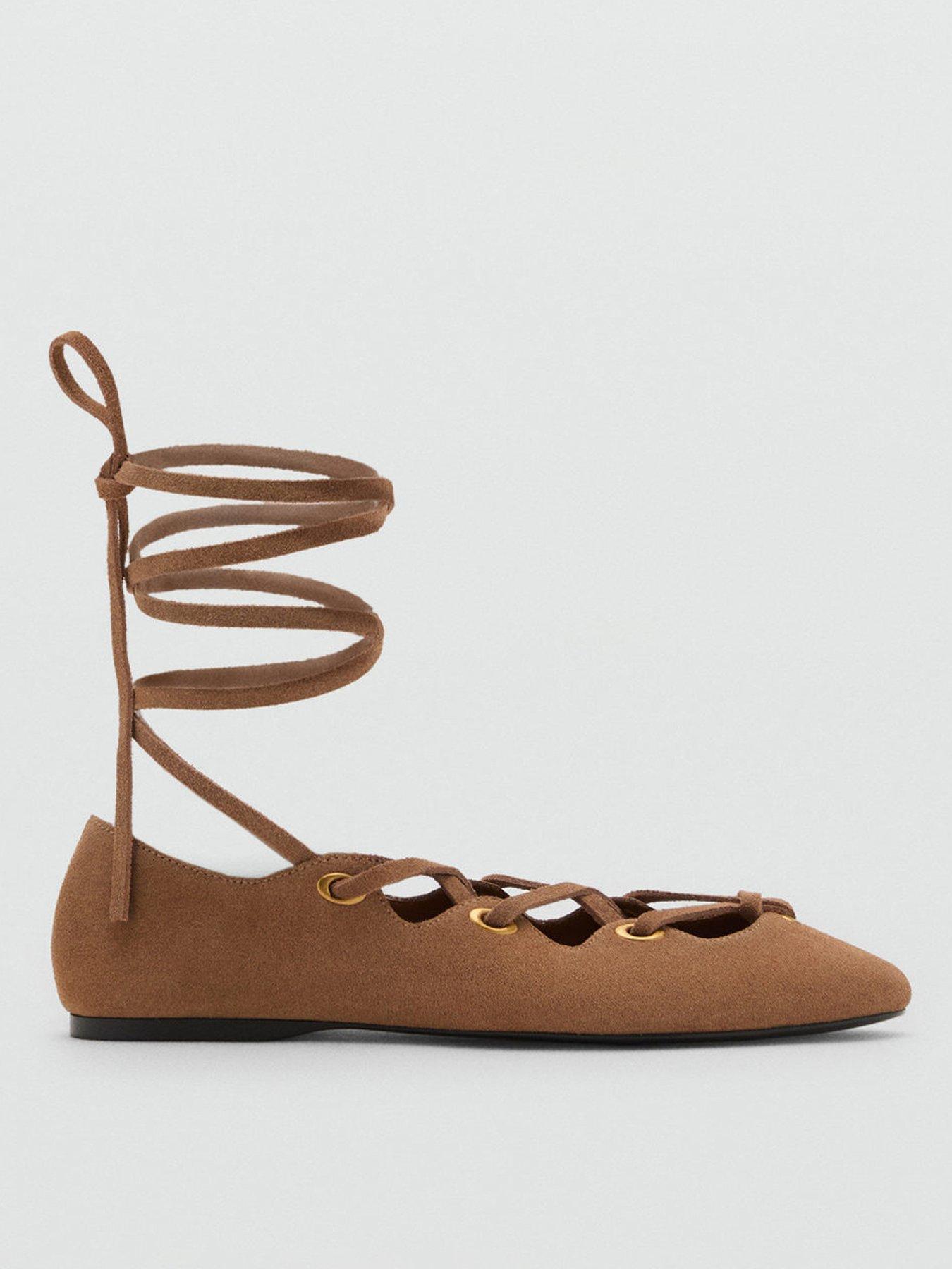 undefined Lace Up Suede Ballerina - Beige