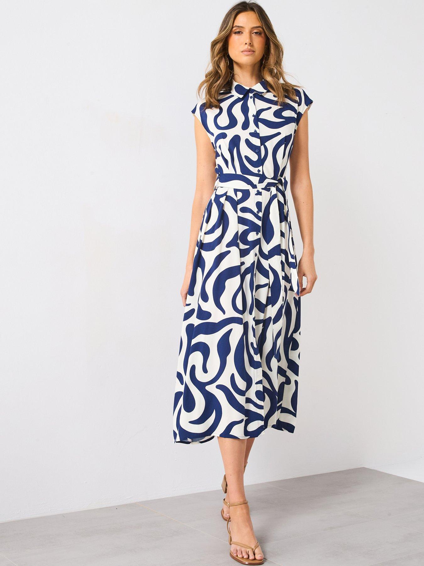 Mango Printed Shirt Dress With Belt - Blue