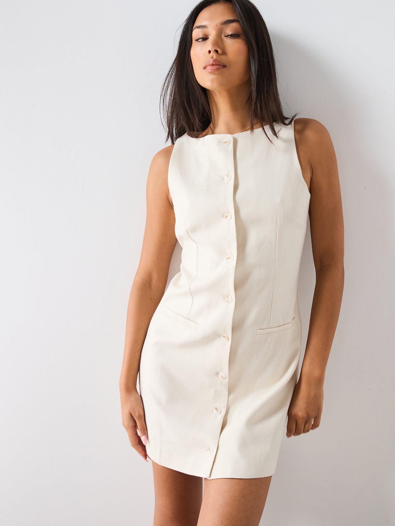 Mango Short Button Down Linen Blend Dress - Cream | Littlewoods