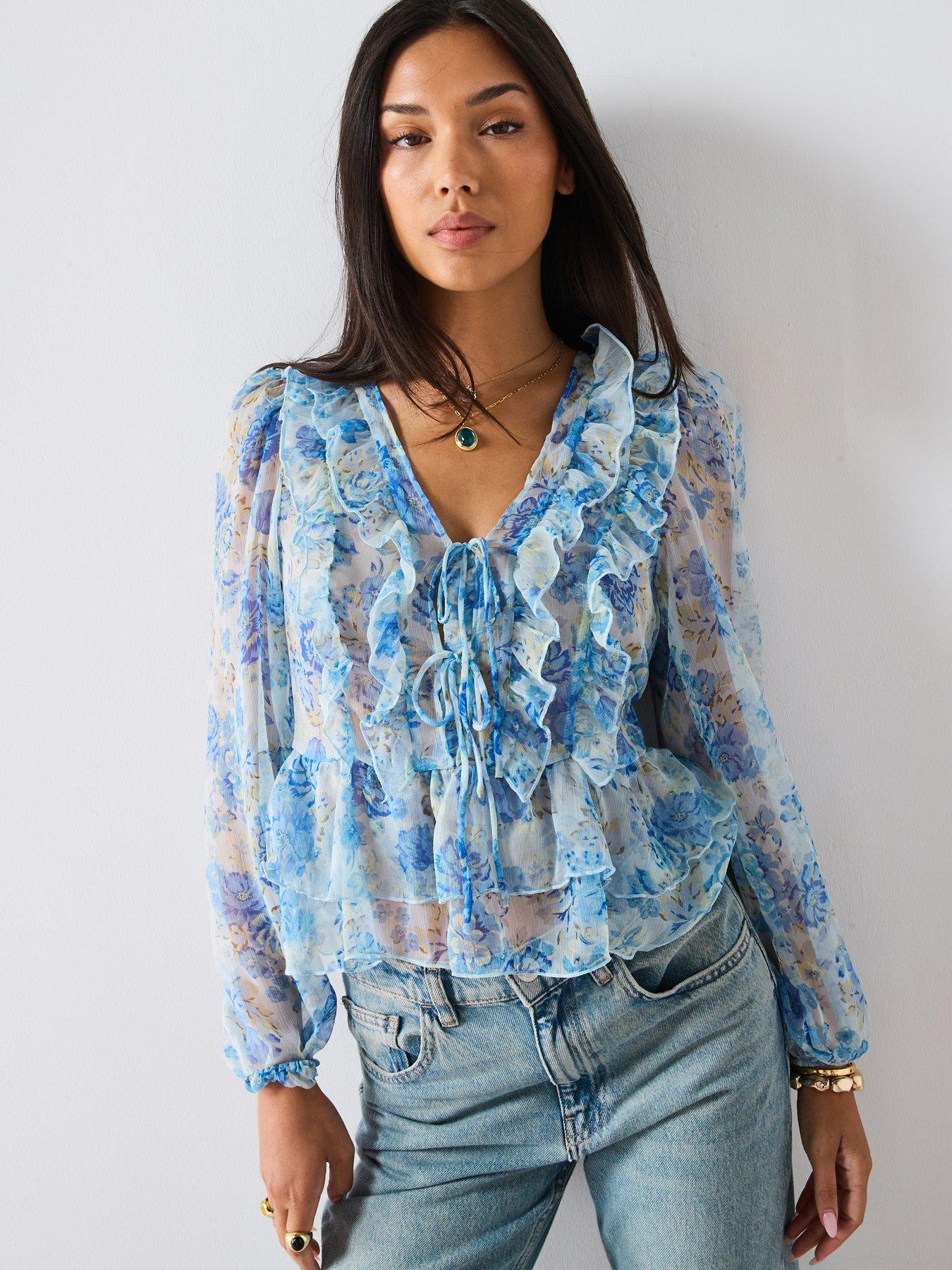 Image 1 of 6 of Mango Floral Ruffled Blouse - Sky Blue