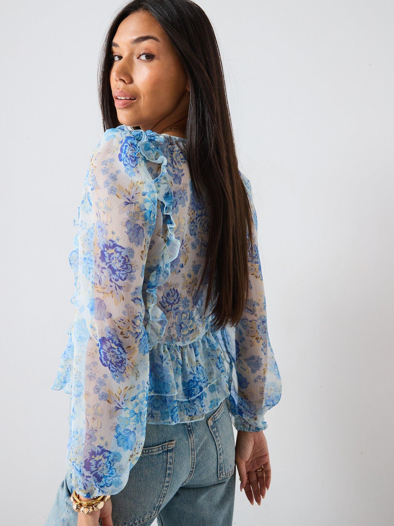 Image 2 of 6 of Mango Floral Ruffled Blouse - Sky Blue