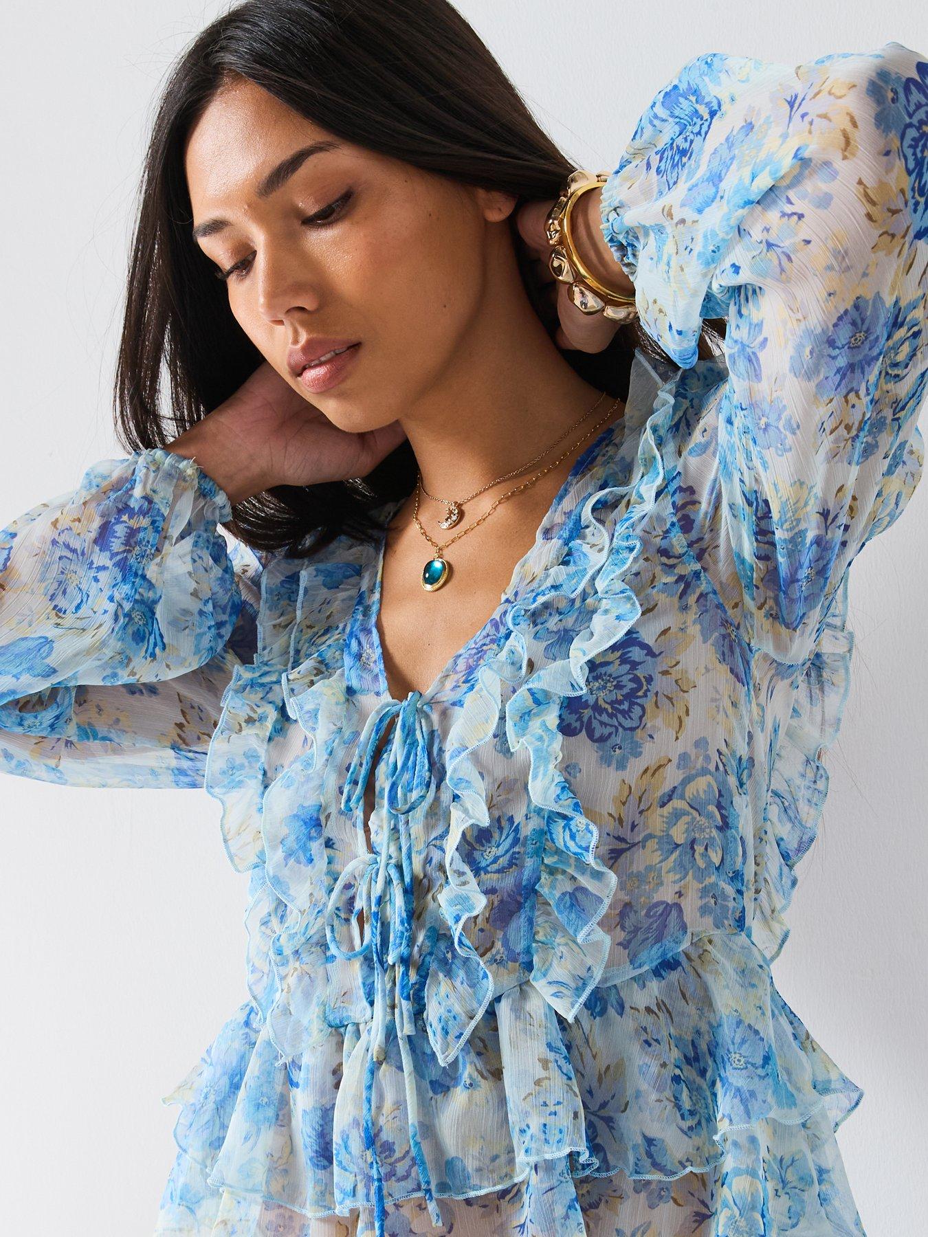 Image 6 of 6 of Mango Floral Ruffled Blouse - Sky Blue