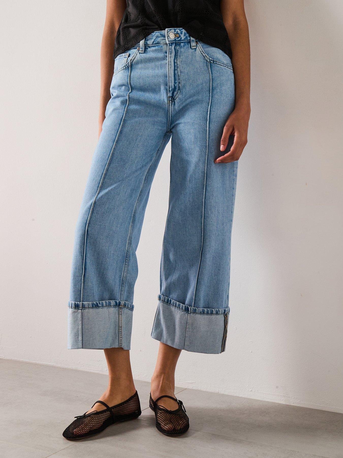undefined Wide Leg Crop Jeans With Turned Up Hem - Blue