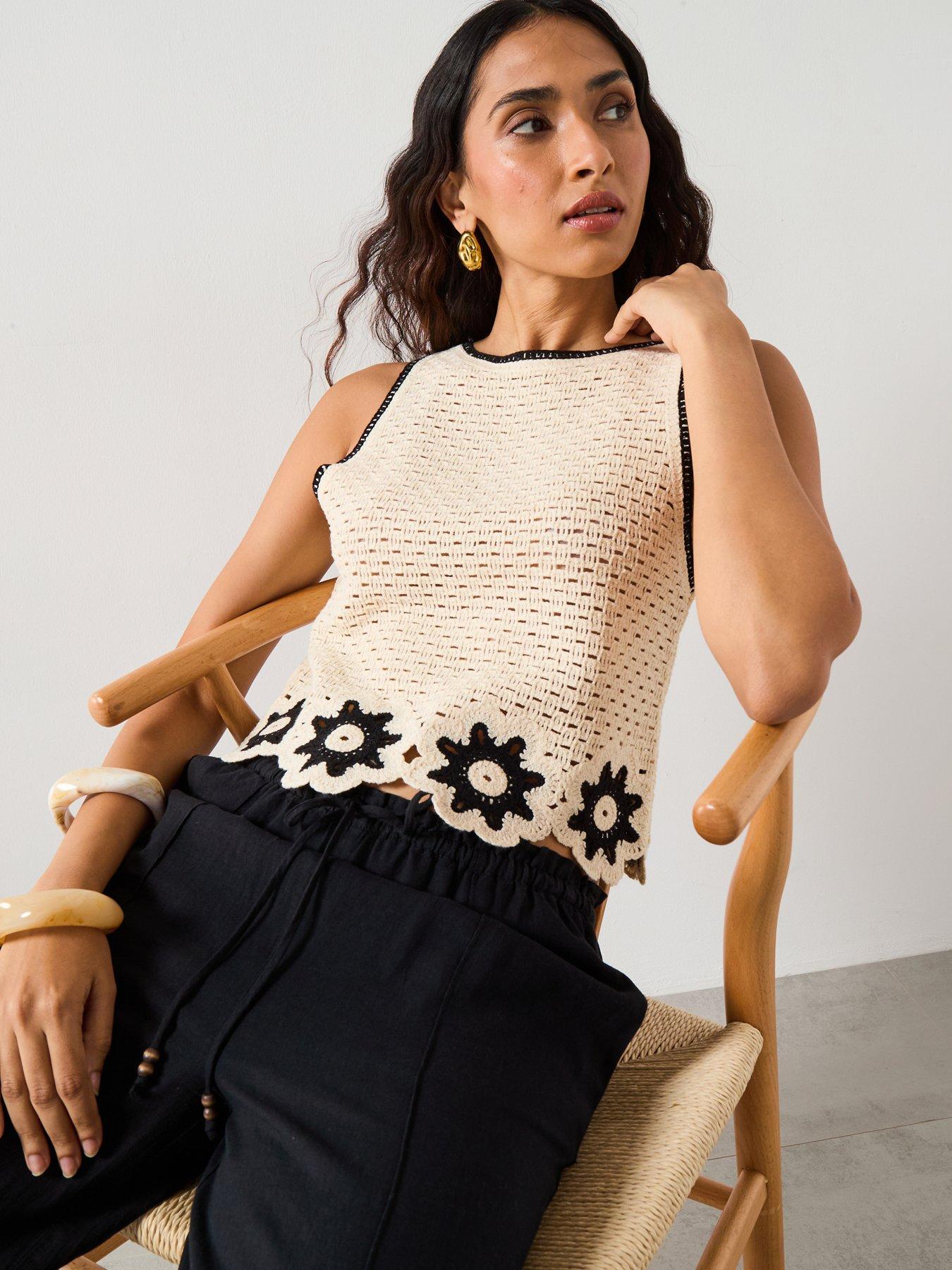 Image 4 of 6 of Mango Crochet Top With Floral Finishes - Cream