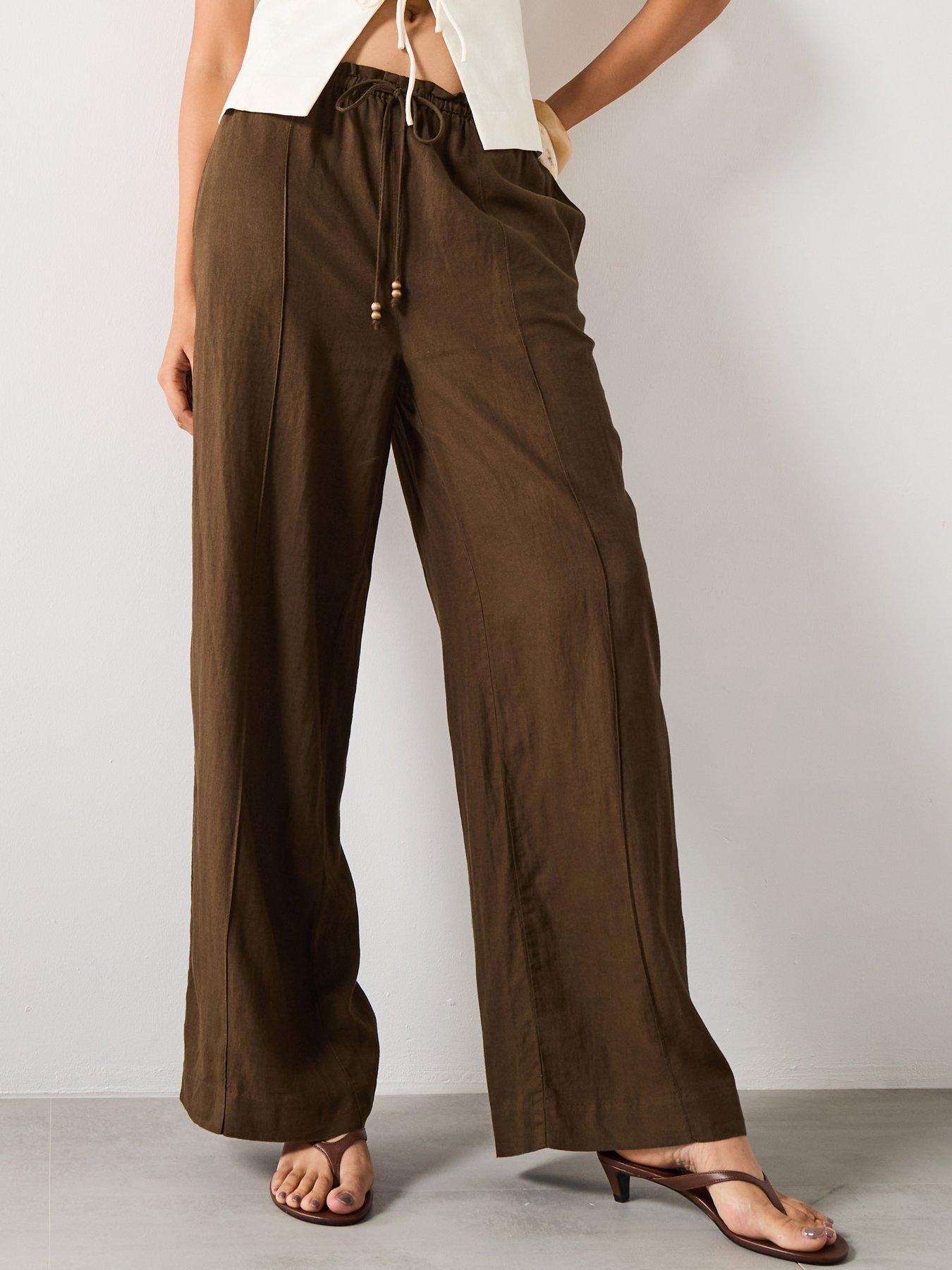 Image 1 of 6 of Mango Linen Blend Elastic Waist Trousers - Brown