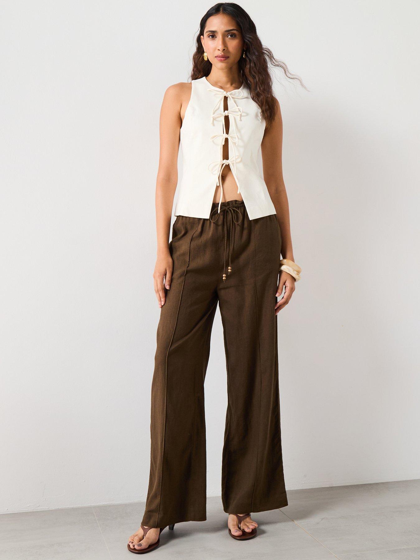 Image 3 of 6 of Mango Linen Blend Elastic Waist Trousers - Brown