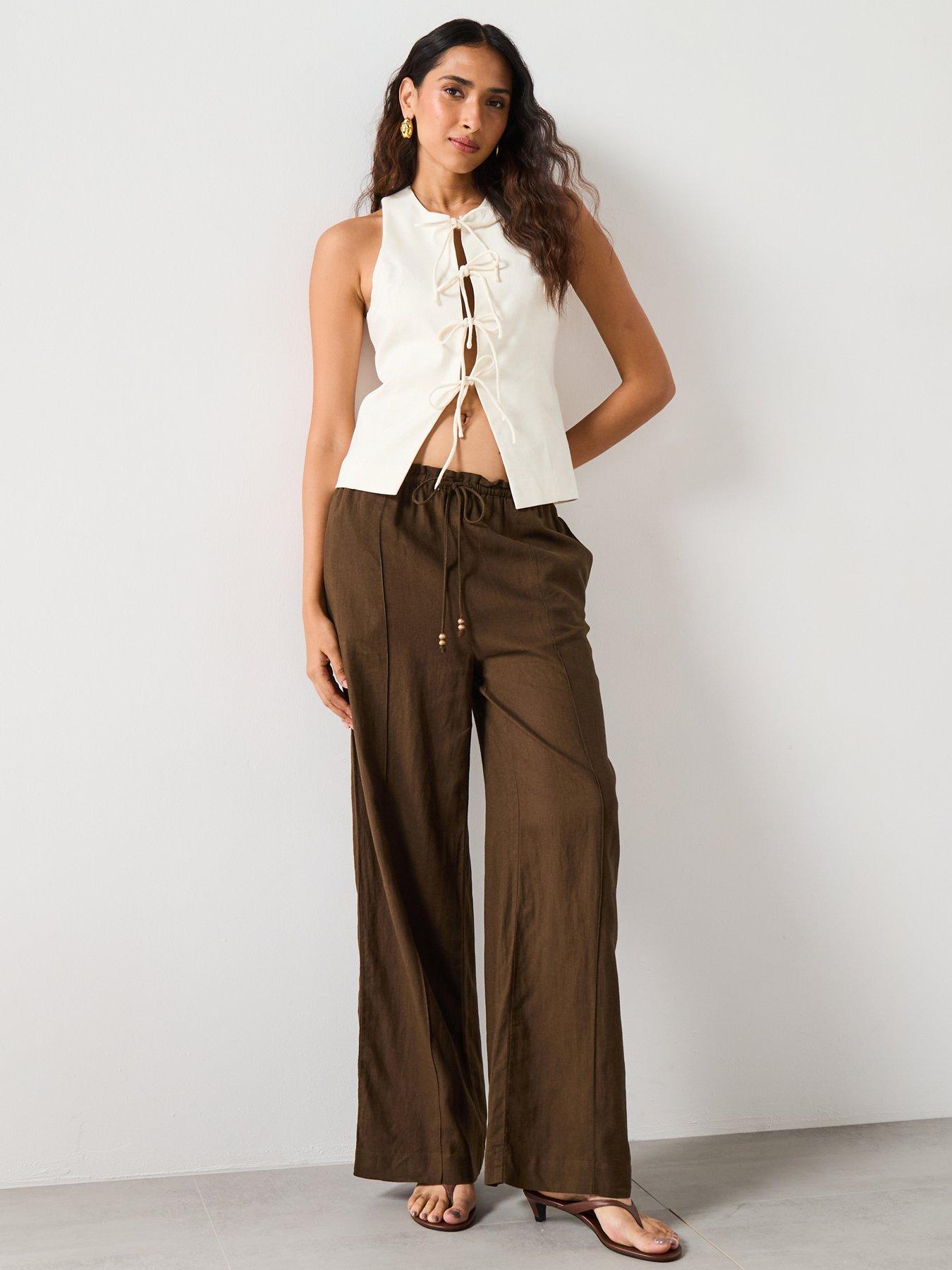 Image 5 of 6 of Mango Linen Blend Elastic Waist Trousers - Brown
