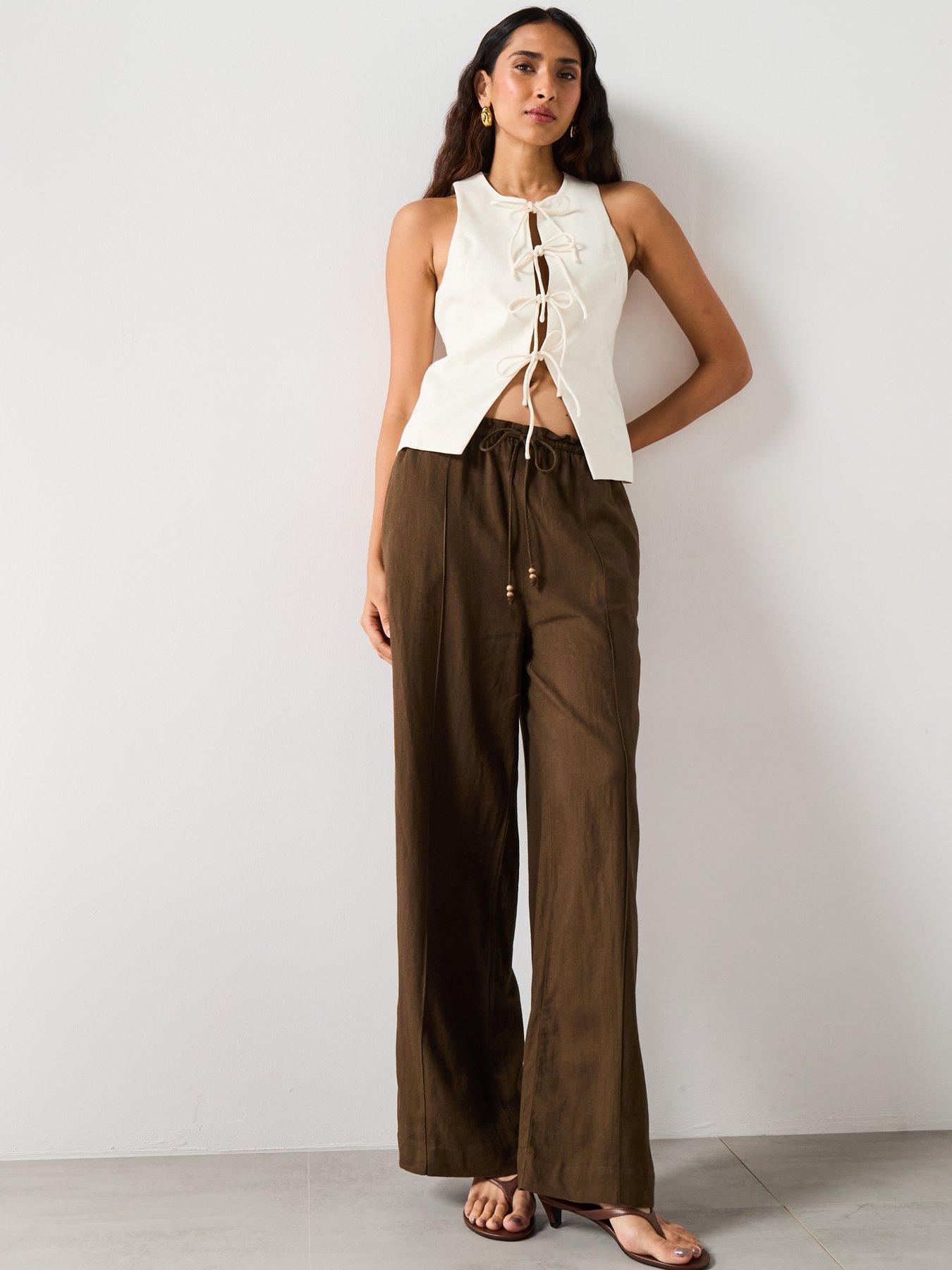 Image 6 of 6 of Mango Linen Blend Elastic Waist Trousers - Brown