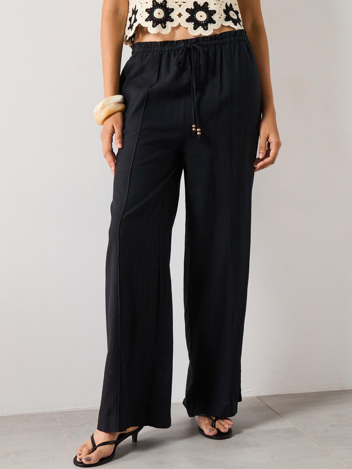 undefined Linen Blend Elastic Waist Trousers - Black