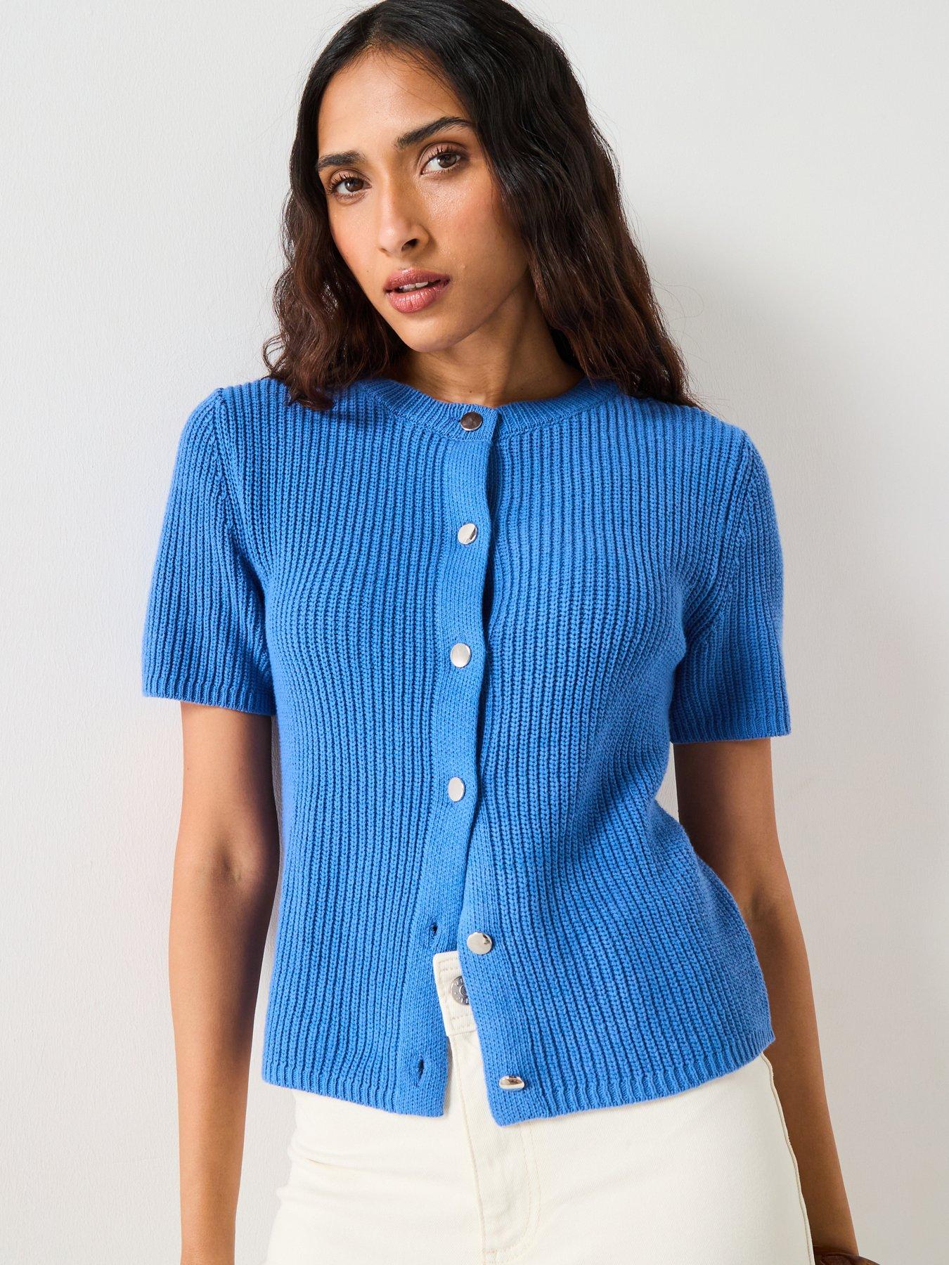 undefined Short Sleeved Knitted Cardigan - Blue